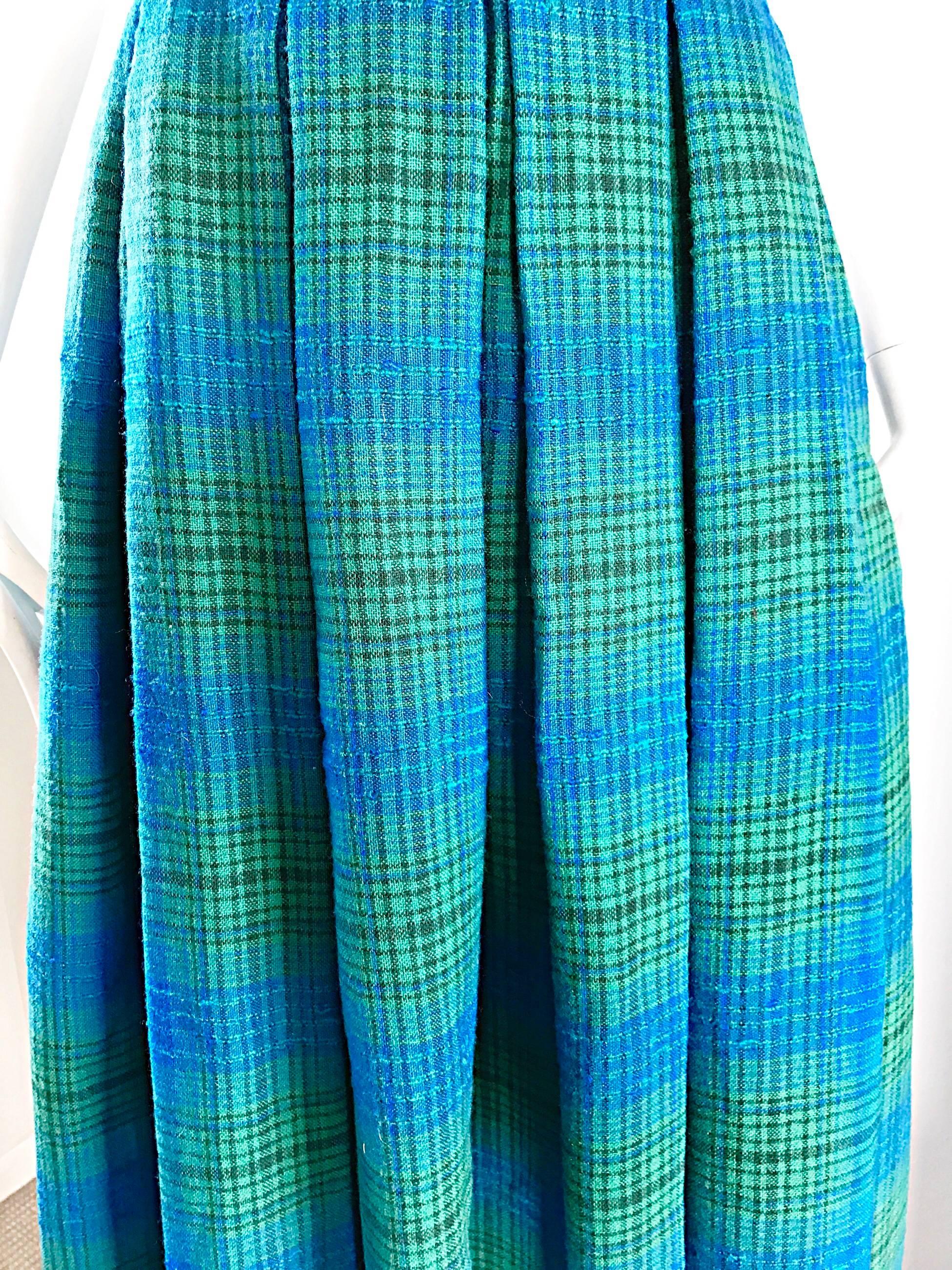 Henri Bendel - Jupe longue en laine vierge bleue et verte, chic et vintage, années 1950  Pour femmes en vente