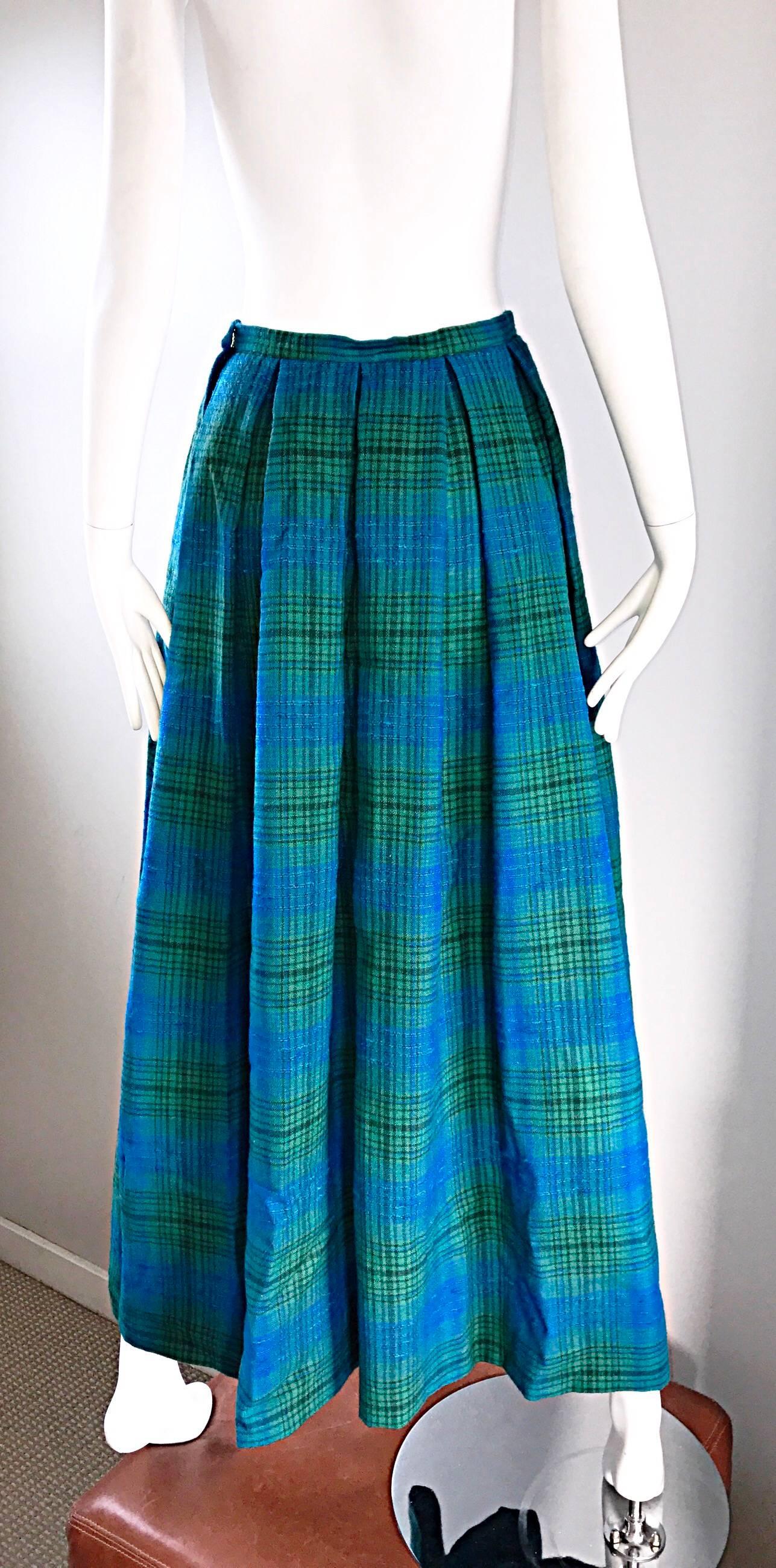 1950s Henri Bendel Blue and Green Chic Vintage 50s Virgin Wool Full Maxi Skirt  For Sale 1