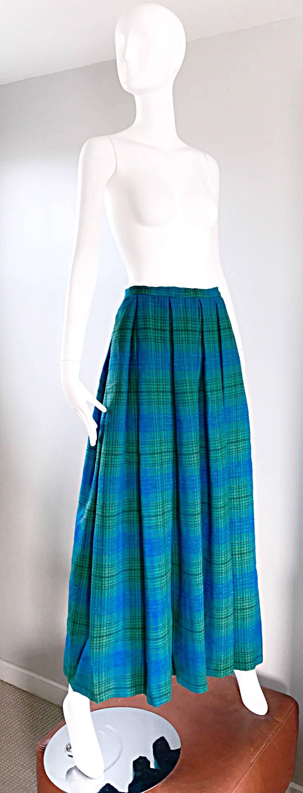 Women's 1950s Henri Bendel Blue and Green Chic Vintage 50s Virgin Wool Full Maxi Skirt  For Sale