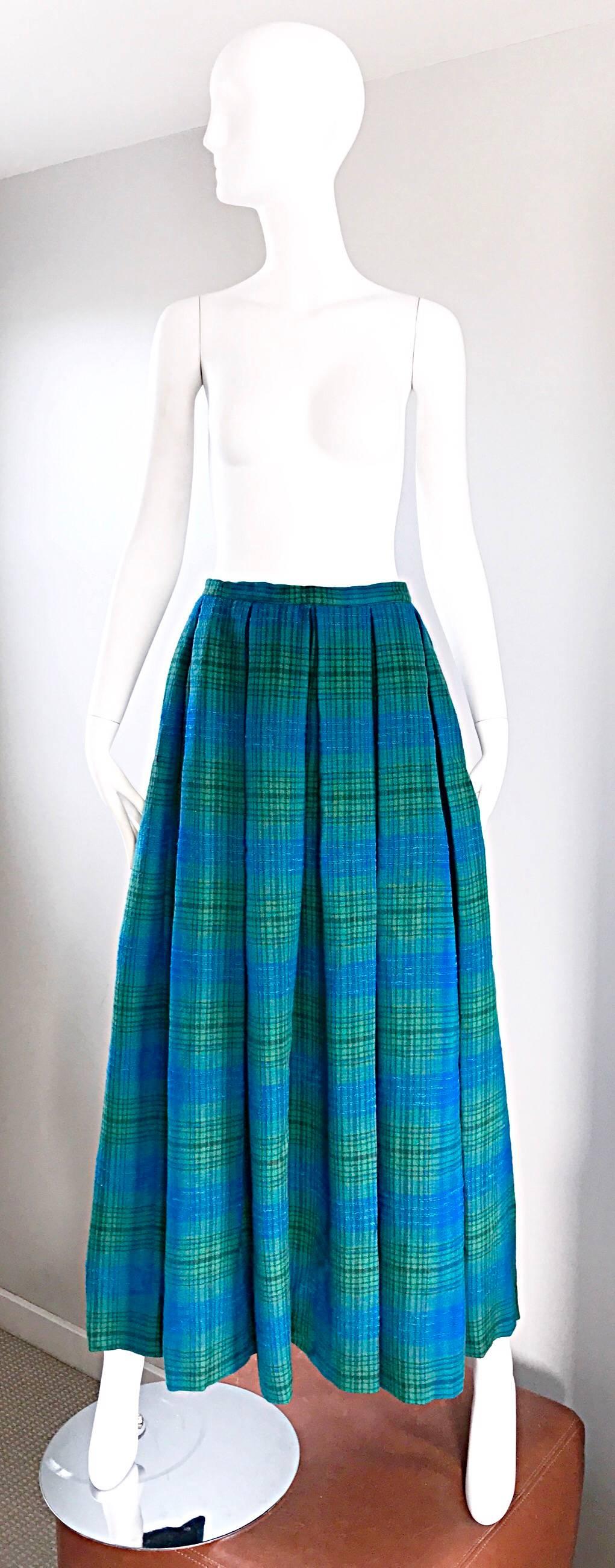 1950s Henri Bendel Blue and Green Chic Vintage 50s Virgin Wool Full Maxi Skirt  For Sale 2
