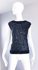 Larger Size 1960s Londoner Black Sequined Wool Sleeveless Vintage Sweater Top