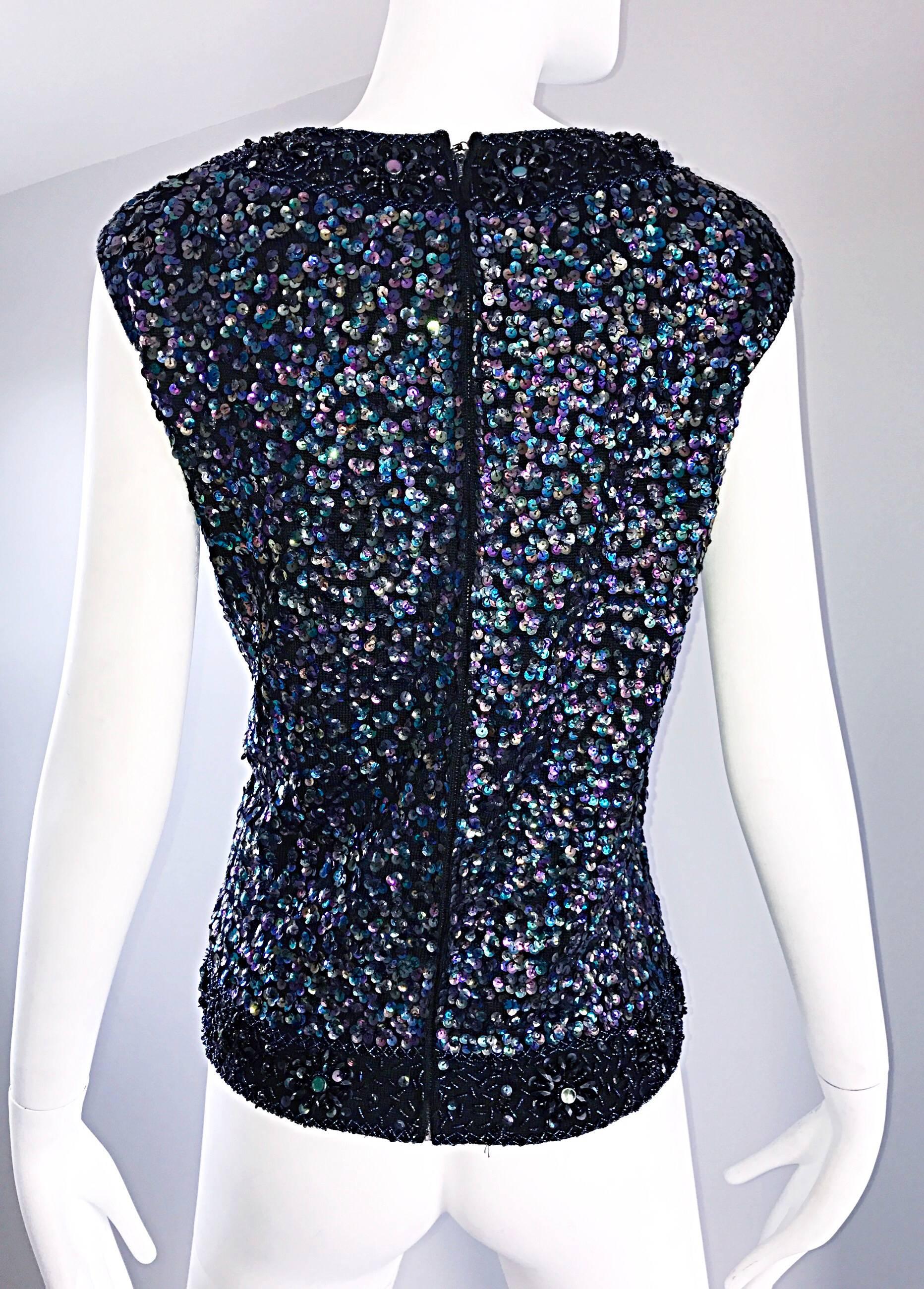 Women's Larger Size 1960s Londoner Black Sequined Wool Sleeveless Vintage Sweater Top For Sale