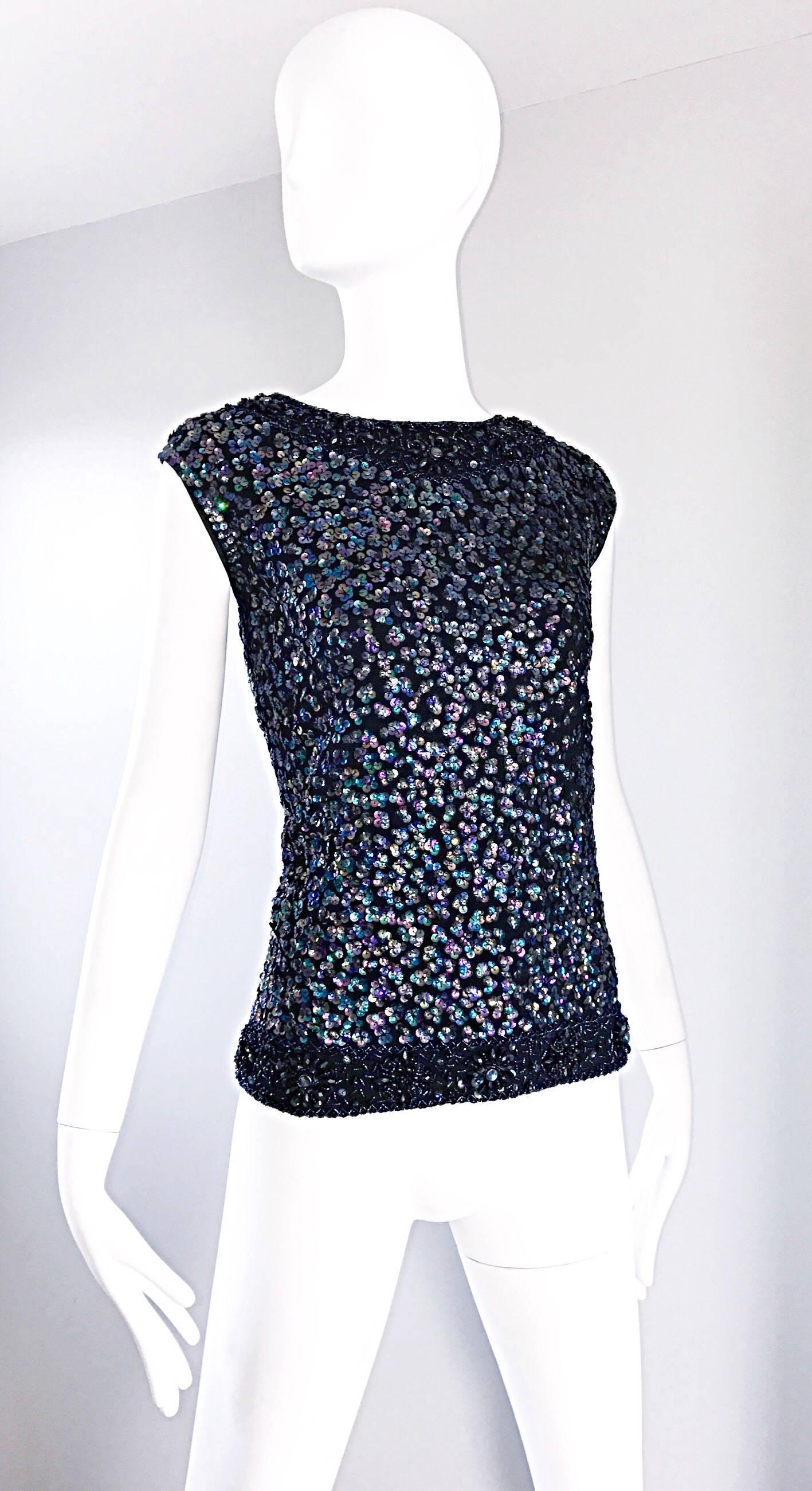 Larger Size 1960s Londoner Black Sequined Wool Sleeveless Vintage Sweater Top For Sale 1