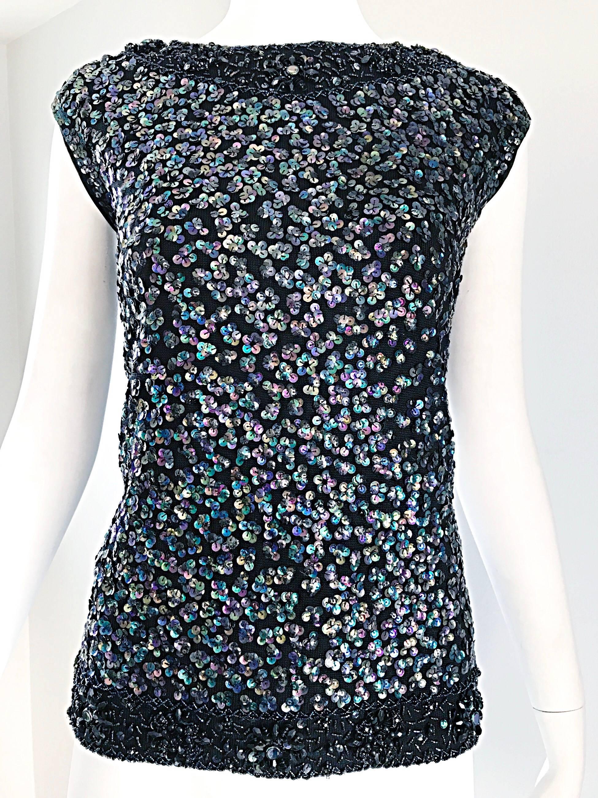 Larger Size 1960s Londoner Black Sequined Wool Sleeveless Vintage Sweater Top For Sale 2