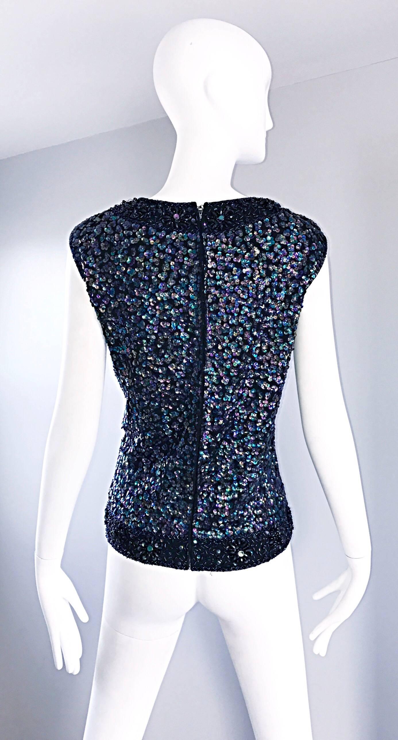 Larger Size 1960s Londoner Black Sequined Wool Sleeveless Vintage Sweater Top For Sale 3