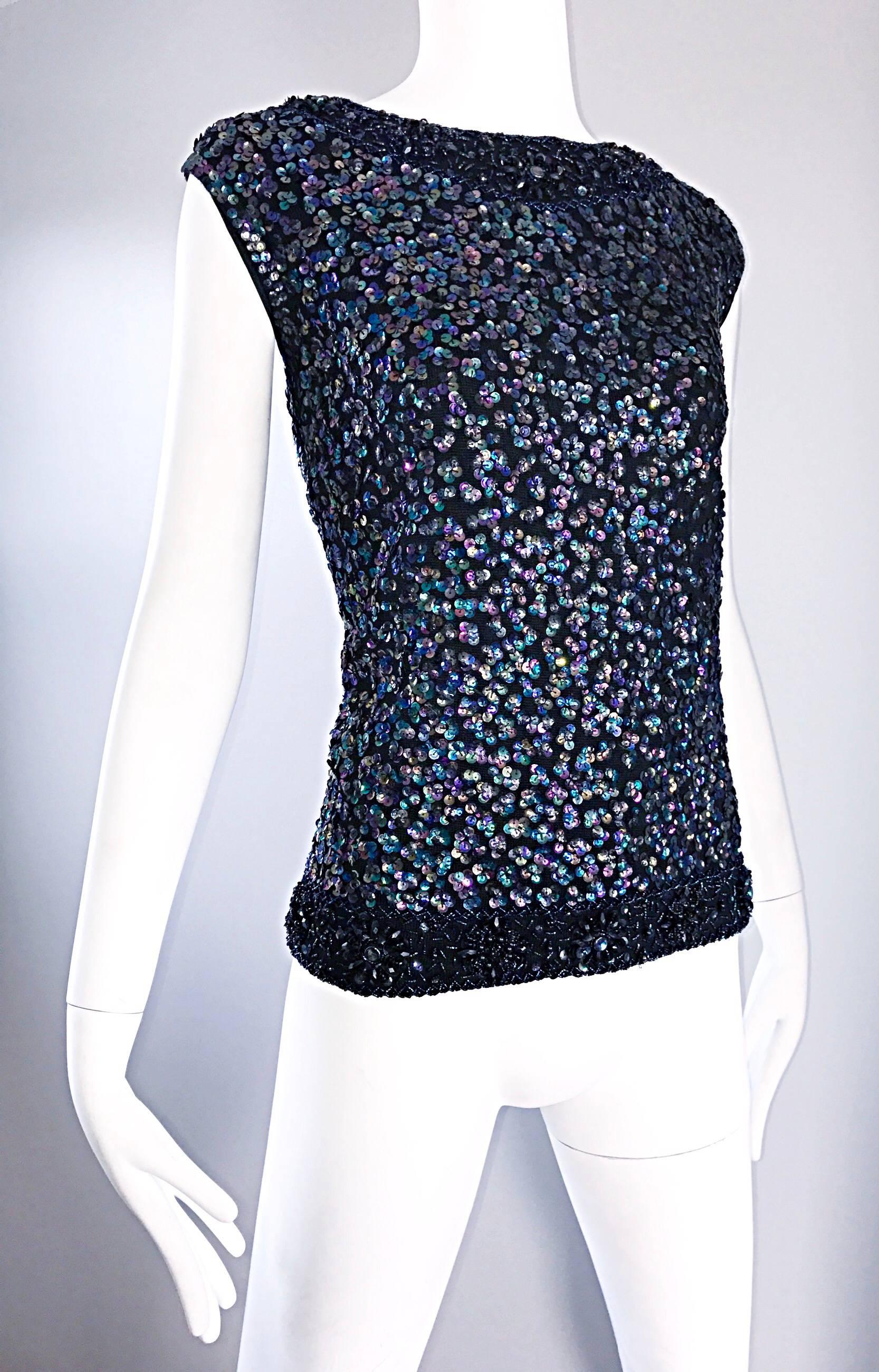 Larger Size 1960s Londoner Black Sequined Wool Sleeveless Vintage Sweater Top For Sale 4