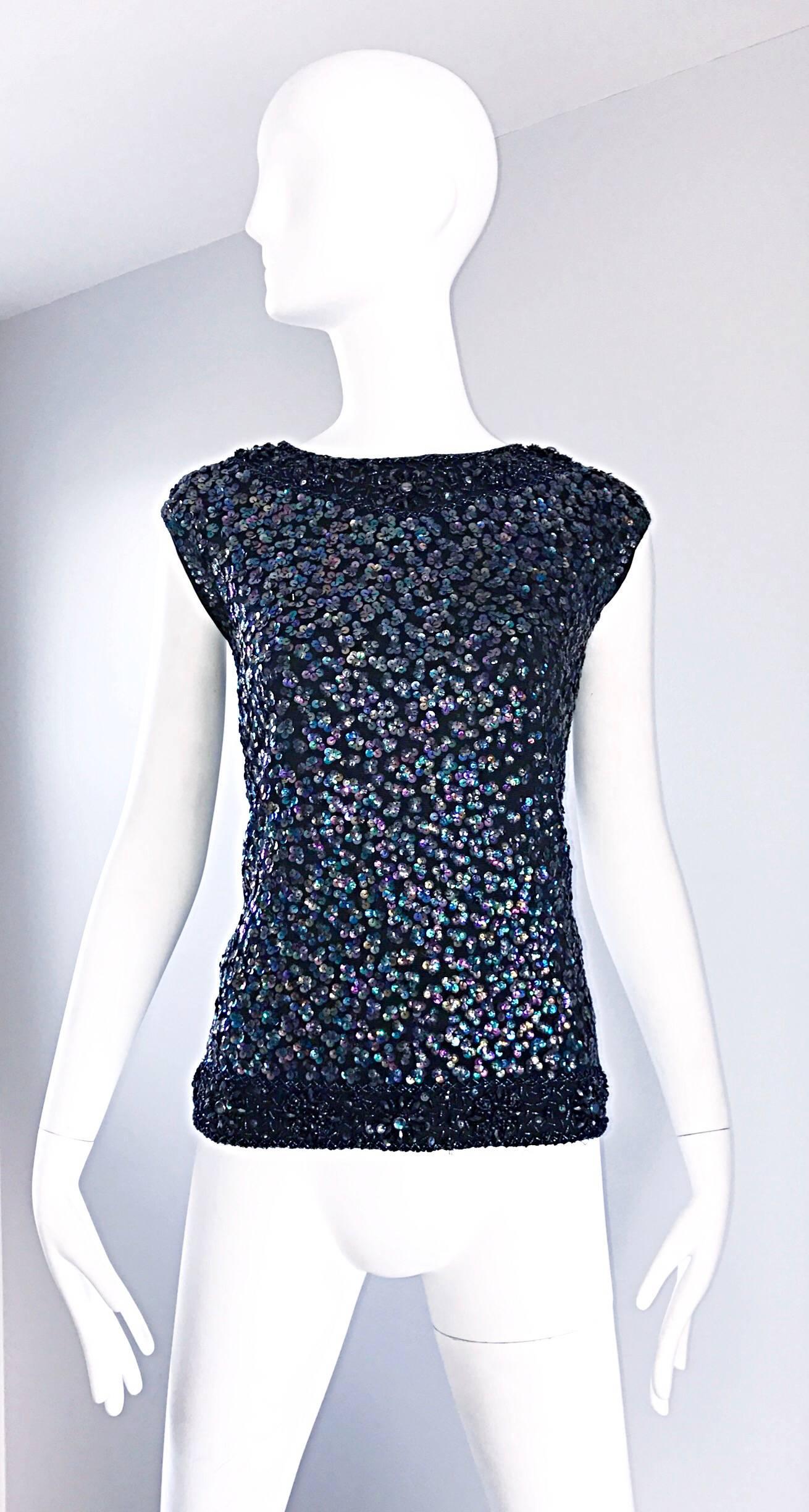 Larger Size 1960s Londoner Black Sequined Wool Sleeveless Vintage Sweater Top For Sale 5