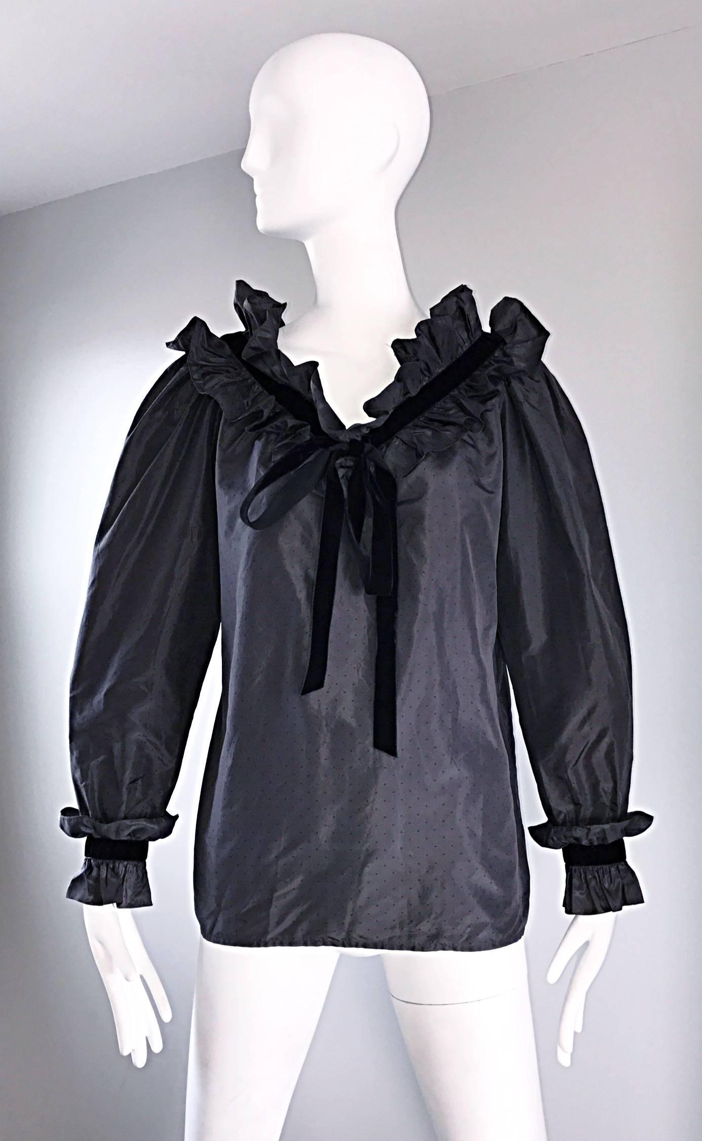 Sensational and rare vintage 1970s YVES SAINT LAURENT 'Rive Gauche' black silk taffeta poet bow and ruffle blouse from the famed 1976 Russian Collection! Features tiny allover black polka dots throughout. Couture quality, with most of the
