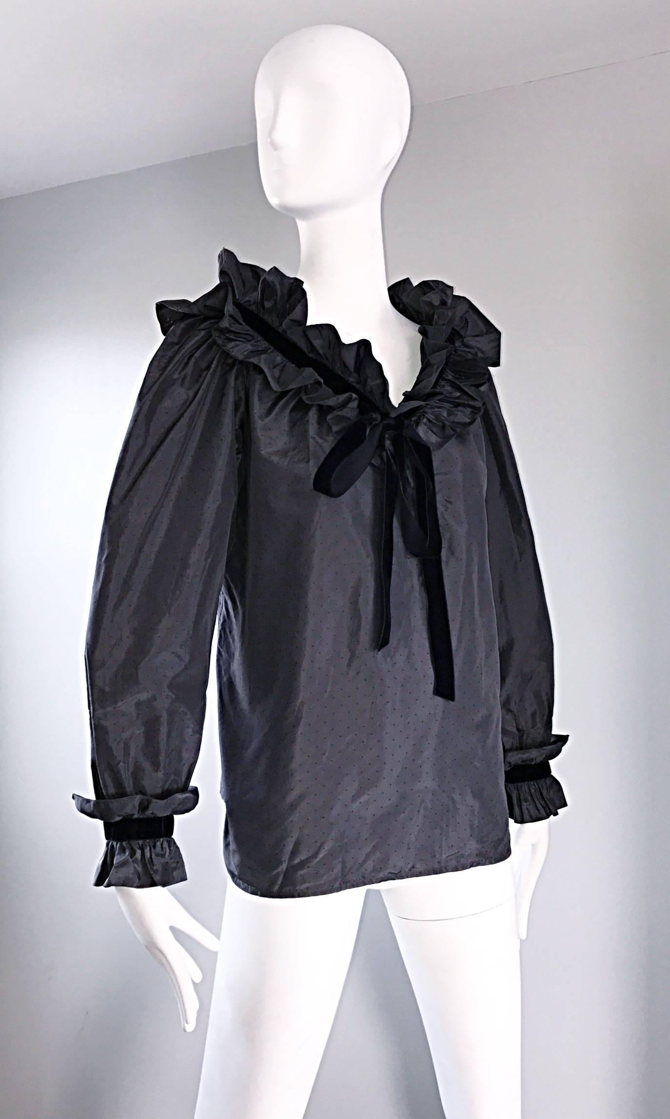 Yves Saint Laurent Russian Collection 1970s Black Silk Taffeta Poet Blouse 1976 In Excellent Condition In San Diego, CA