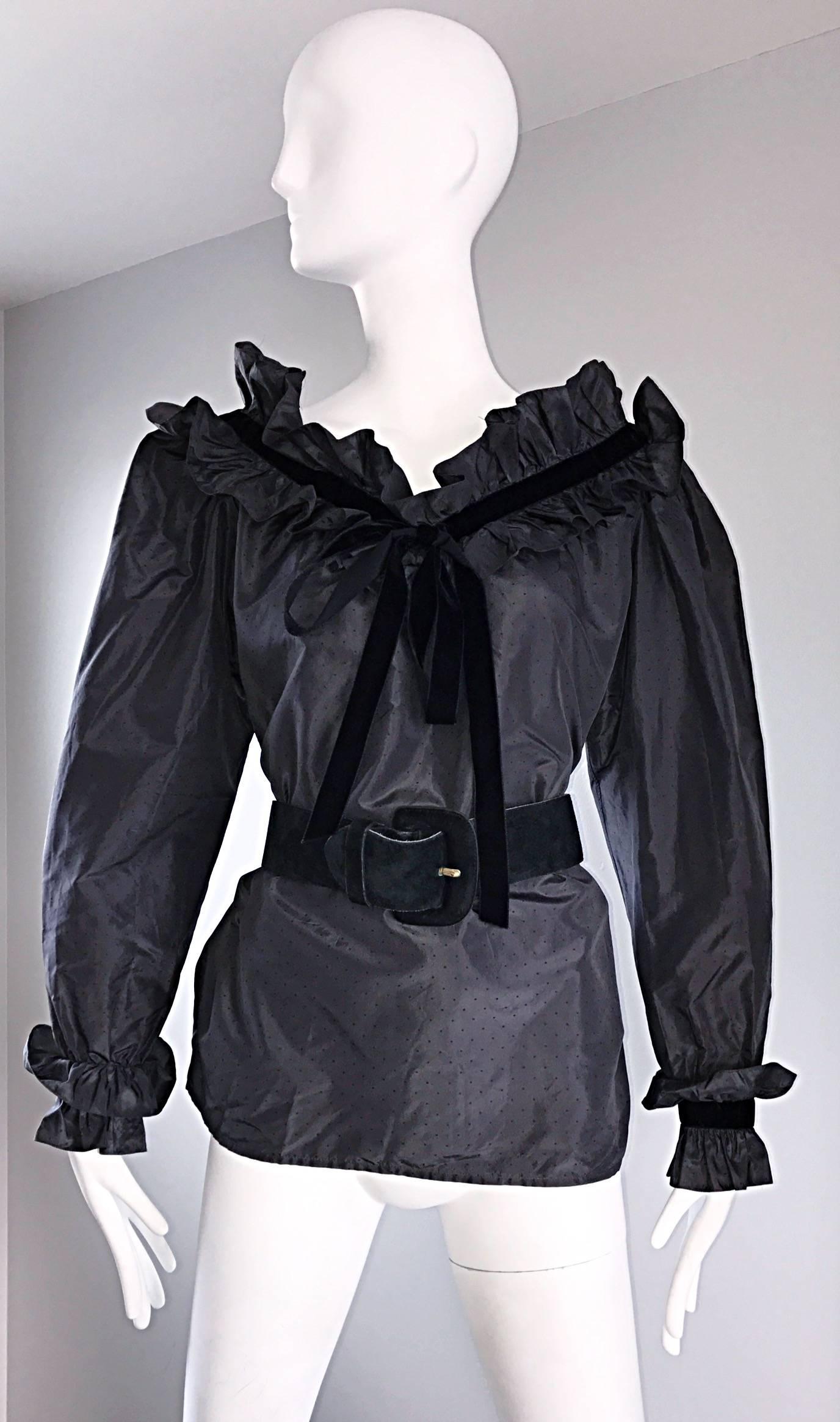 Yves Saint Laurent Russian Collection 1970s Black Silk Taffeta Poet Blouse 1976 1