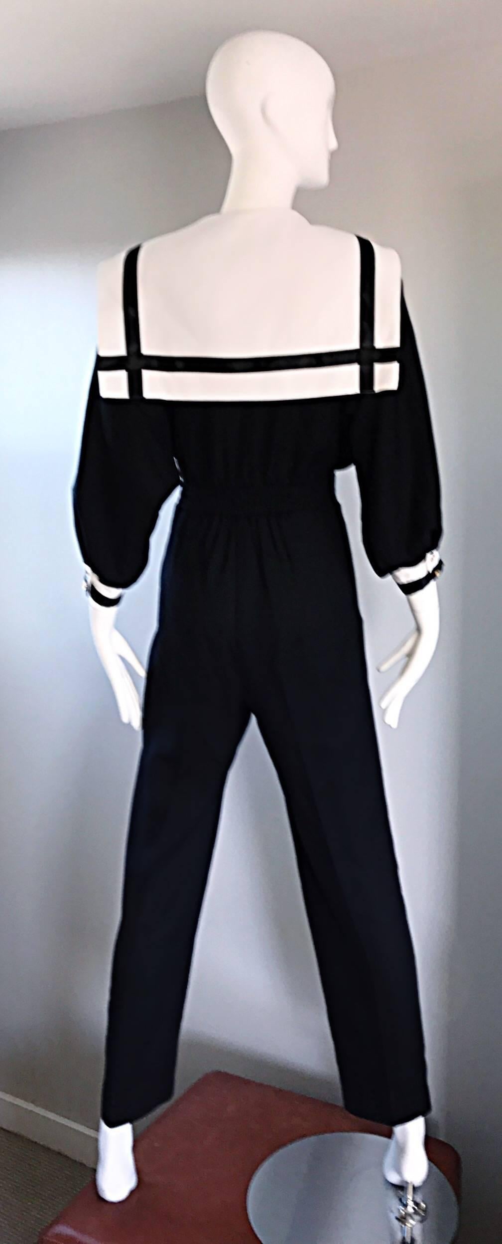 Rare Vintage Andree Gaye 80s Nautical Black and White 1980s Sailor Jumpsuit  1