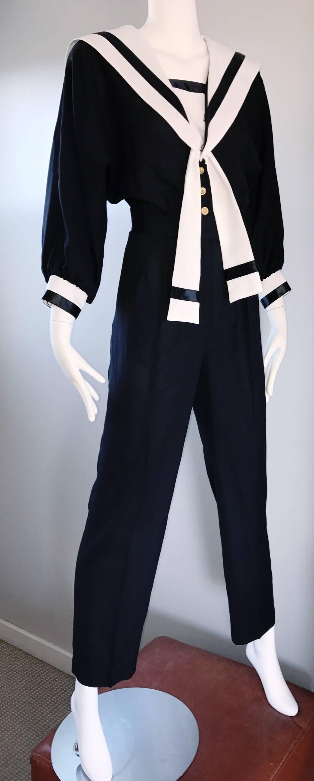 Rare Vintage Andree Gaye 80s Nautical Black and White 1980s Sailor Jumpsuit  2