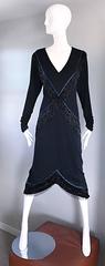 Amazing Vintage Holly's Harp 1970s Black + Blue Beaded Silk Jersey Flapper Dress