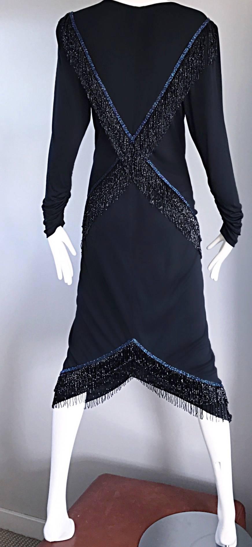 Amazing Vintage Holly's Harp 1970s Black + Blue Beaded Silk Jersey Flapper Dress In Excellent Condition For Sale In San Diego, CA