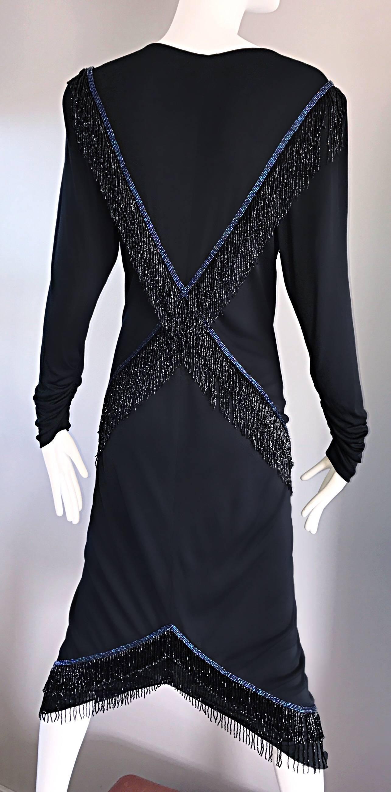 Amazing Vintage Holly's Harp 1970s Black + Blue Beaded Silk Jersey Flapper Dress For Sale 1