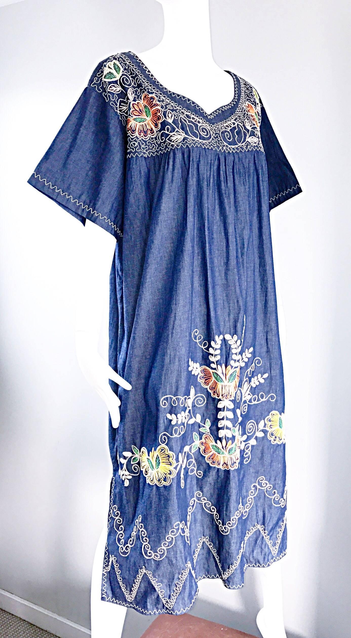 1970s Boho Vintage Lightweight Denim Chambray Emroidered 70s Caftan Dress 5