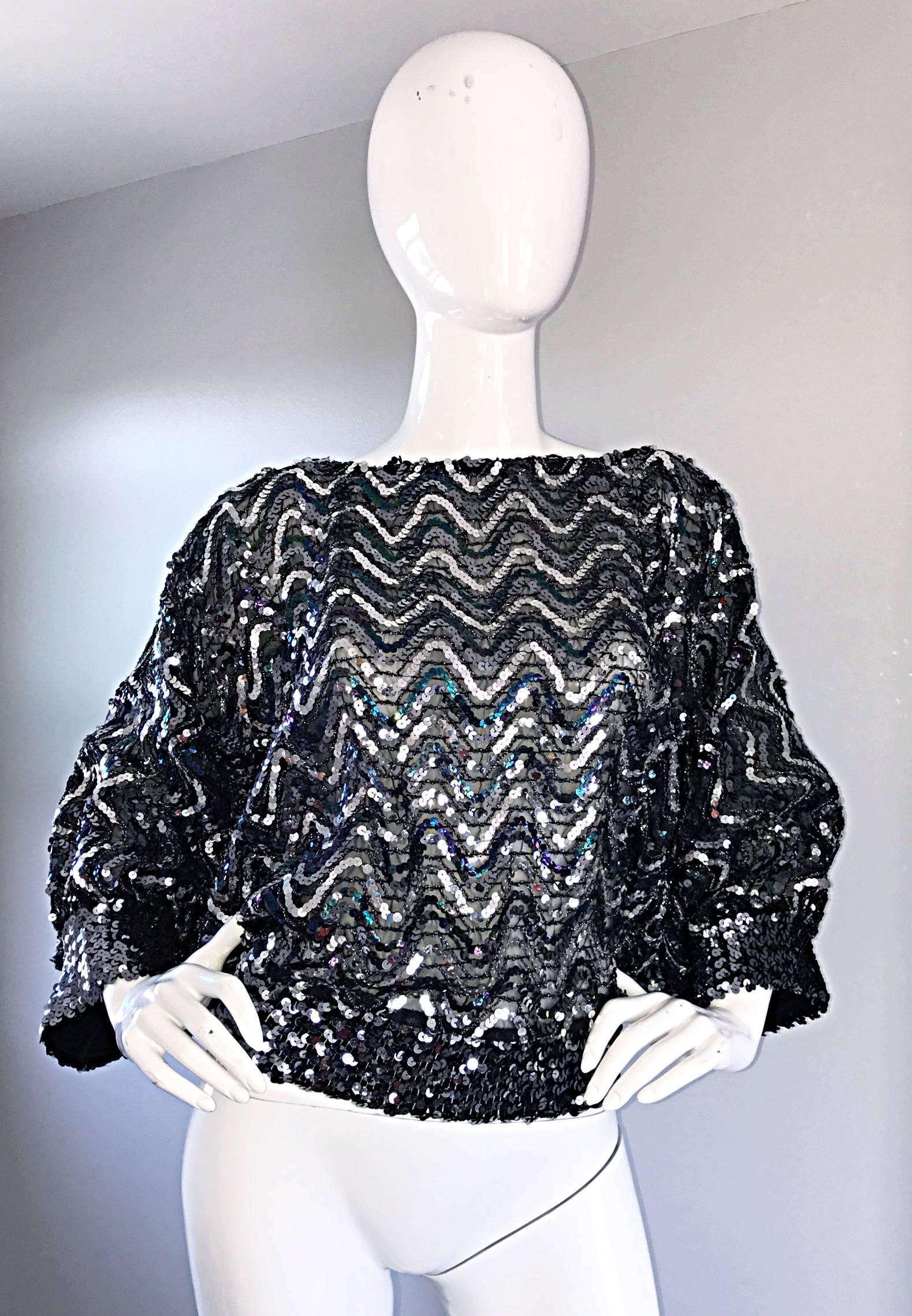 Women's 1970s Colorful + Silver Fully Sequined 70s Dolman Sleeve Disco Blouse Top Shirt 