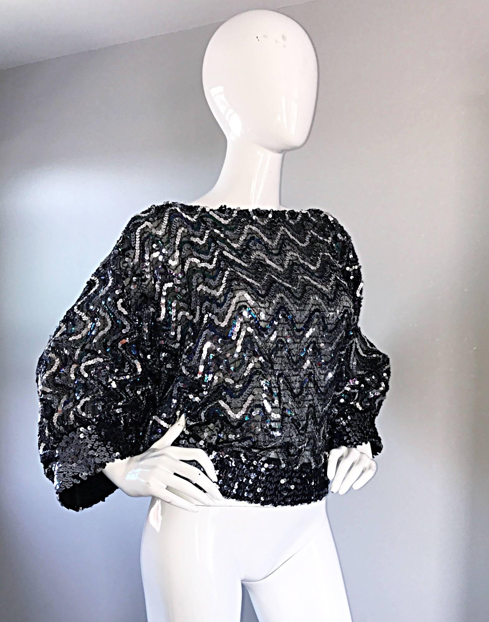1970s Colorful + Silver Fully Sequined 70s Dolman Sleeve Disco Blouse Top Shirt  2