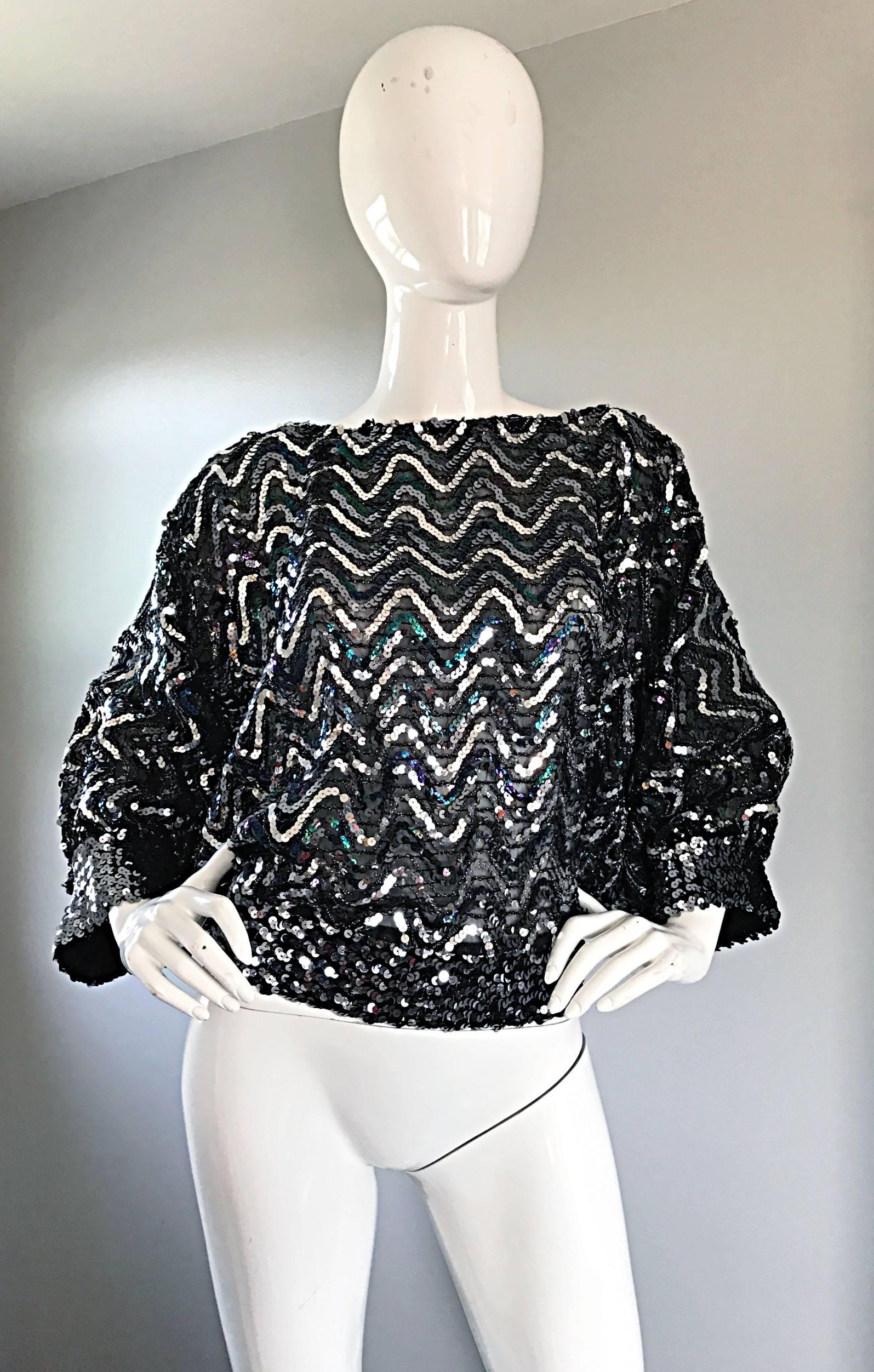 1970s Colorful + Silver Fully Sequined 70s Dolman Sleeve Disco Blouse Top Shirt  3