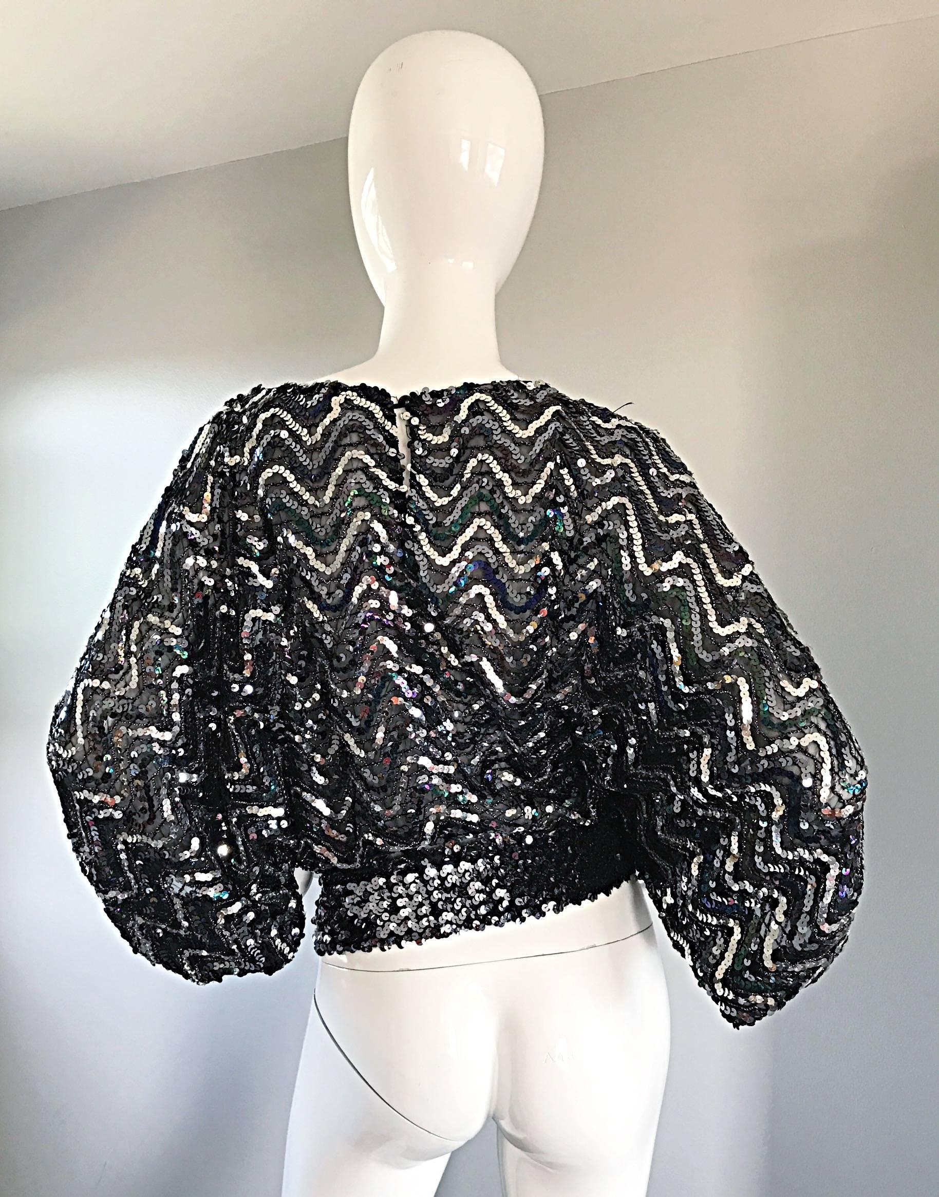 1970s Colorful + Silver Fully Sequined 70s Dolman Sleeve Disco Blouse Top Shirt  4