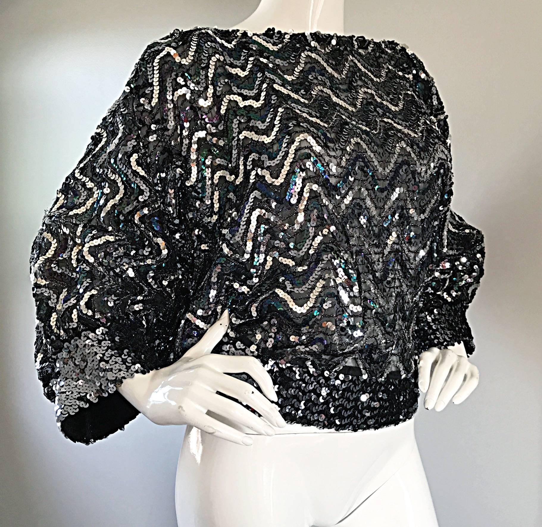 1970s Colorful + Silver Fully Sequined 70s Dolman Sleeve Disco Blouse Top Shirt  5