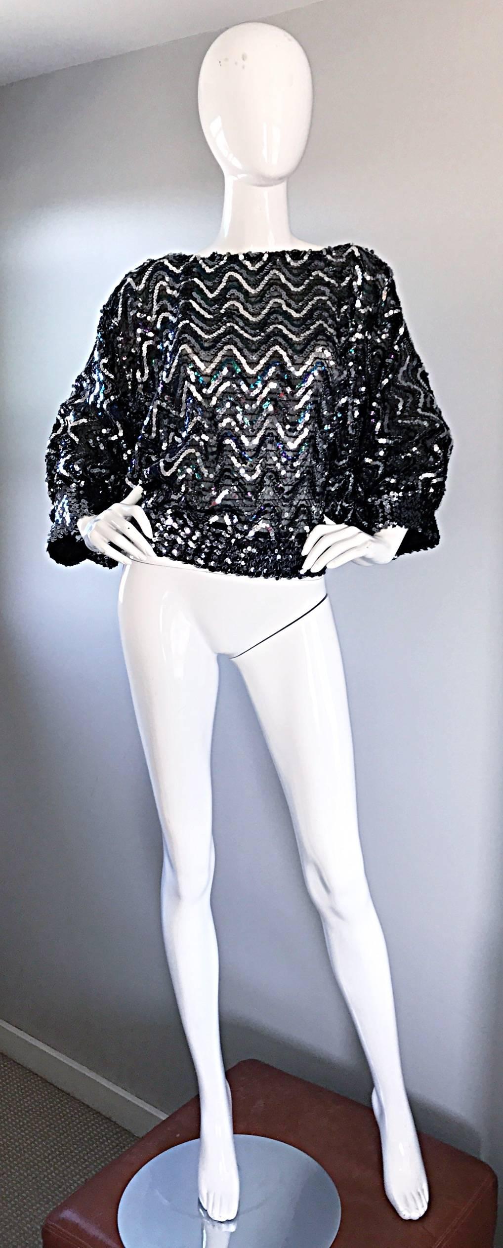1970s Colorful + Silver Fully Sequined 70s Dolman Sleeve Disco Blouse Top Shirt  6