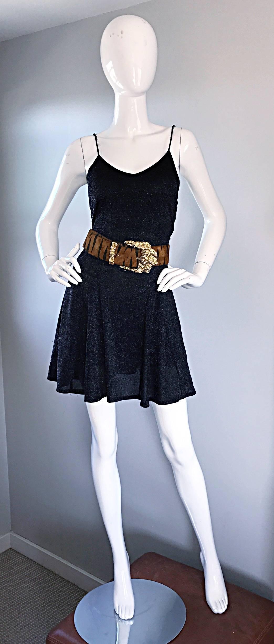 1990s Betsey Johnson Black Metallic Lurex Vintage 90s Mini Skater Dress Petite In Excellent Condition In San Diego, CA