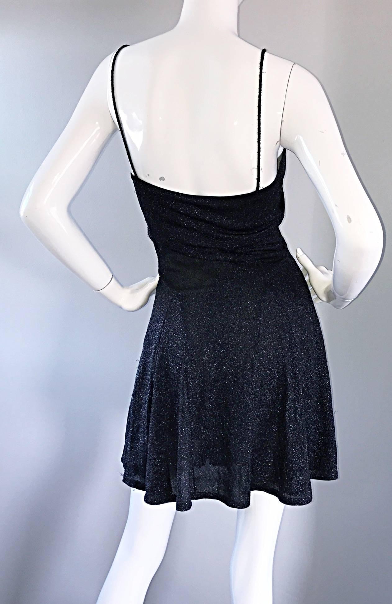 Women's 1990s Betsey Johnson Black Metallic Lurex Vintage 90s Mini Skater Dress Petite