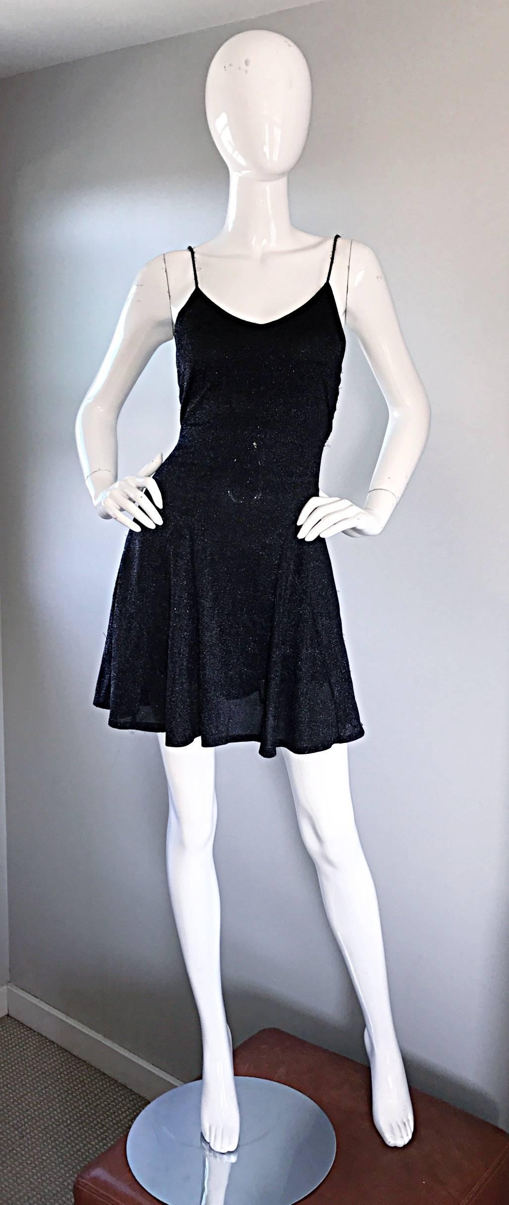 1990s Betsey Johnson Black Metallic Lurex Vintage 90s Mini Skater Dress Petite 2