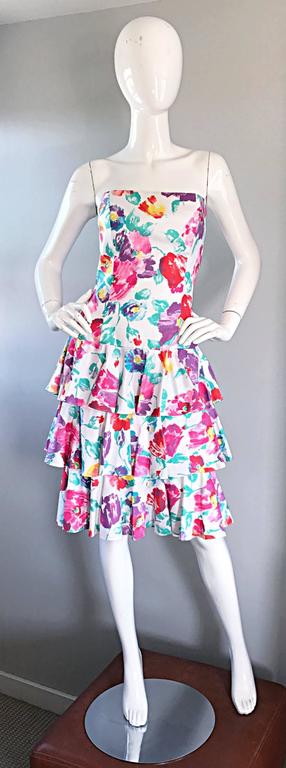 Fantastic 1980s Vintage 80s Hand Painted Strapless Floral Dress and ...