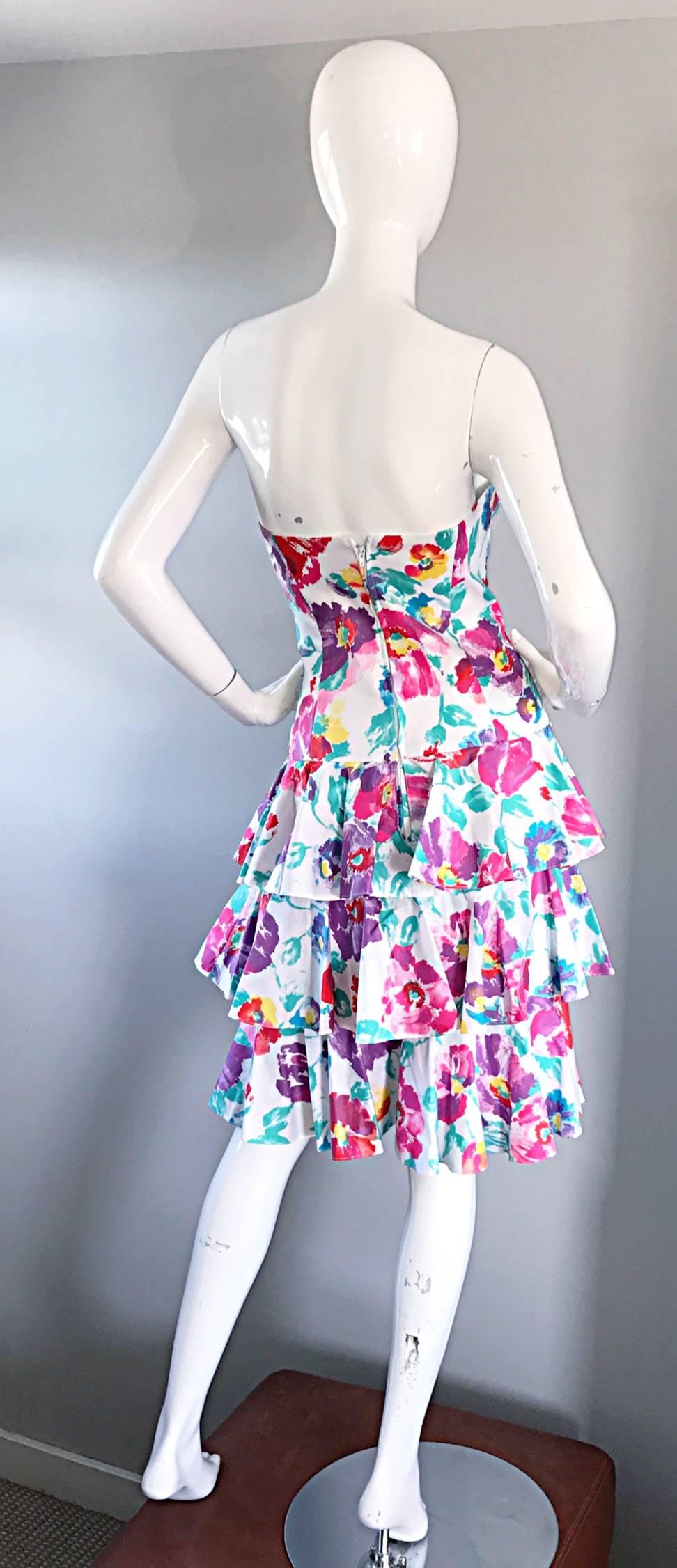Fantastic 1980s Vintage 80s Hand Painted Strapless Floral Dress & Cropped Bolero In Excellent Condition In San Diego, CA