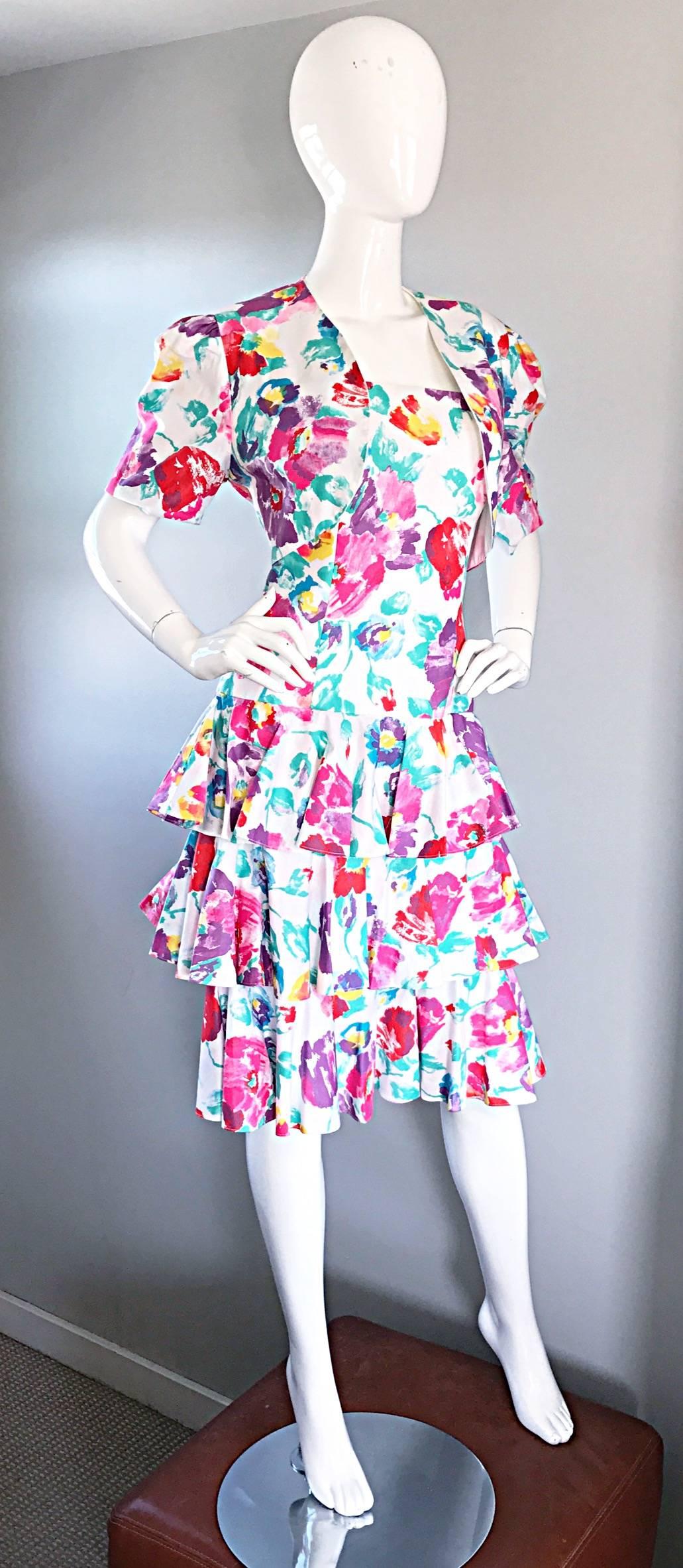 Fantastic 1980s Vintage 80s Hand Painted Strapless Floral Dress & Cropped Bolero 1