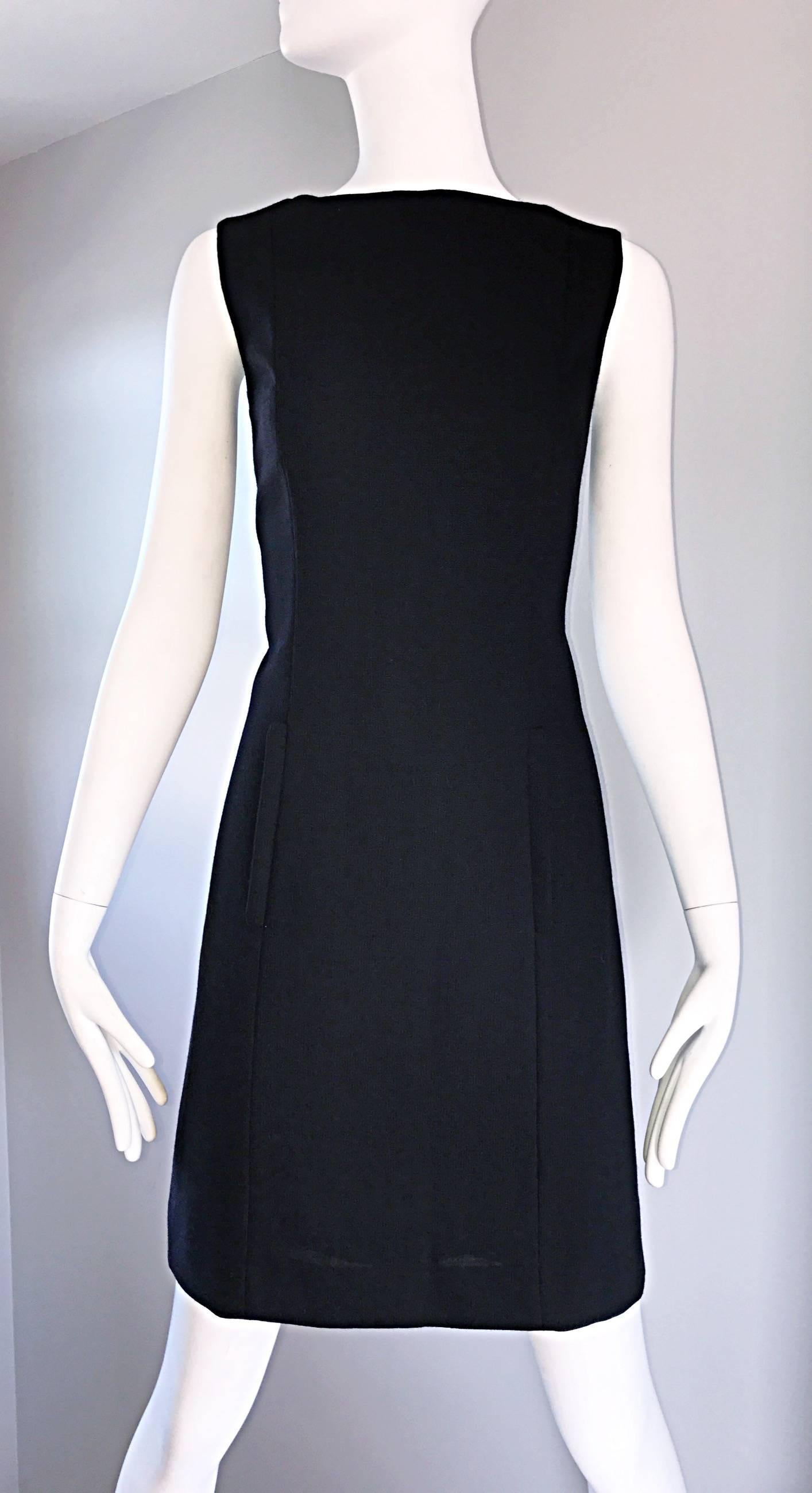 Vintage Giorgio Armani 1990s Does 1960s LBD Mod Wool Sz 6 90s Black Dress In Excellent Condition In San Diego, CA