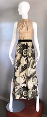 Amazing 1970s Gold + Black Metallic Lurex Batik Print Maxi Dress 70s Romper