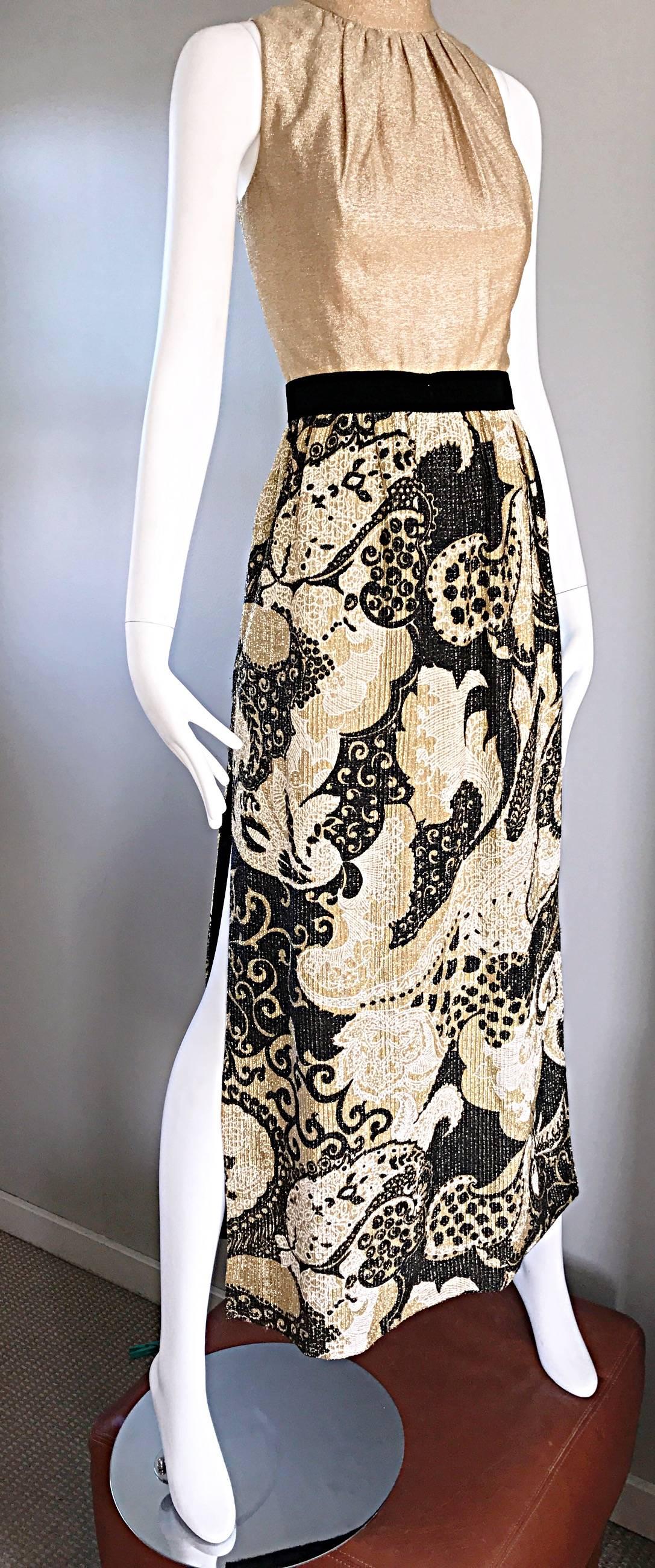 Beige Amazing 1970s Gold + Black Metallic Lurex Batik Print Maxi Dress 70s Romper 