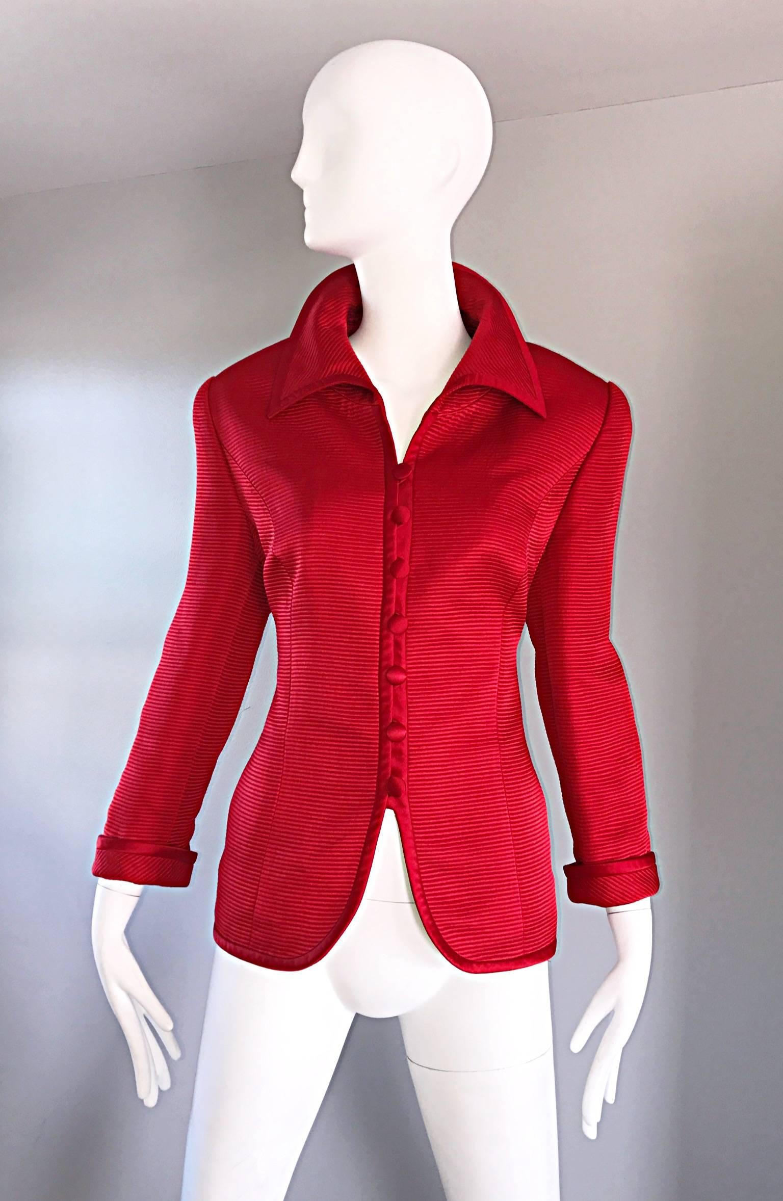 Chic vintage 1990s lipstick cherry red LOUIS FERAUD blazer jacket! Perfect for the upcoming holidays! Vibrant red color, with a textured ribbed silk and wool blend. Perfectly tailored bodice, with an Avant Garde collar. POCKETS at both sides of the