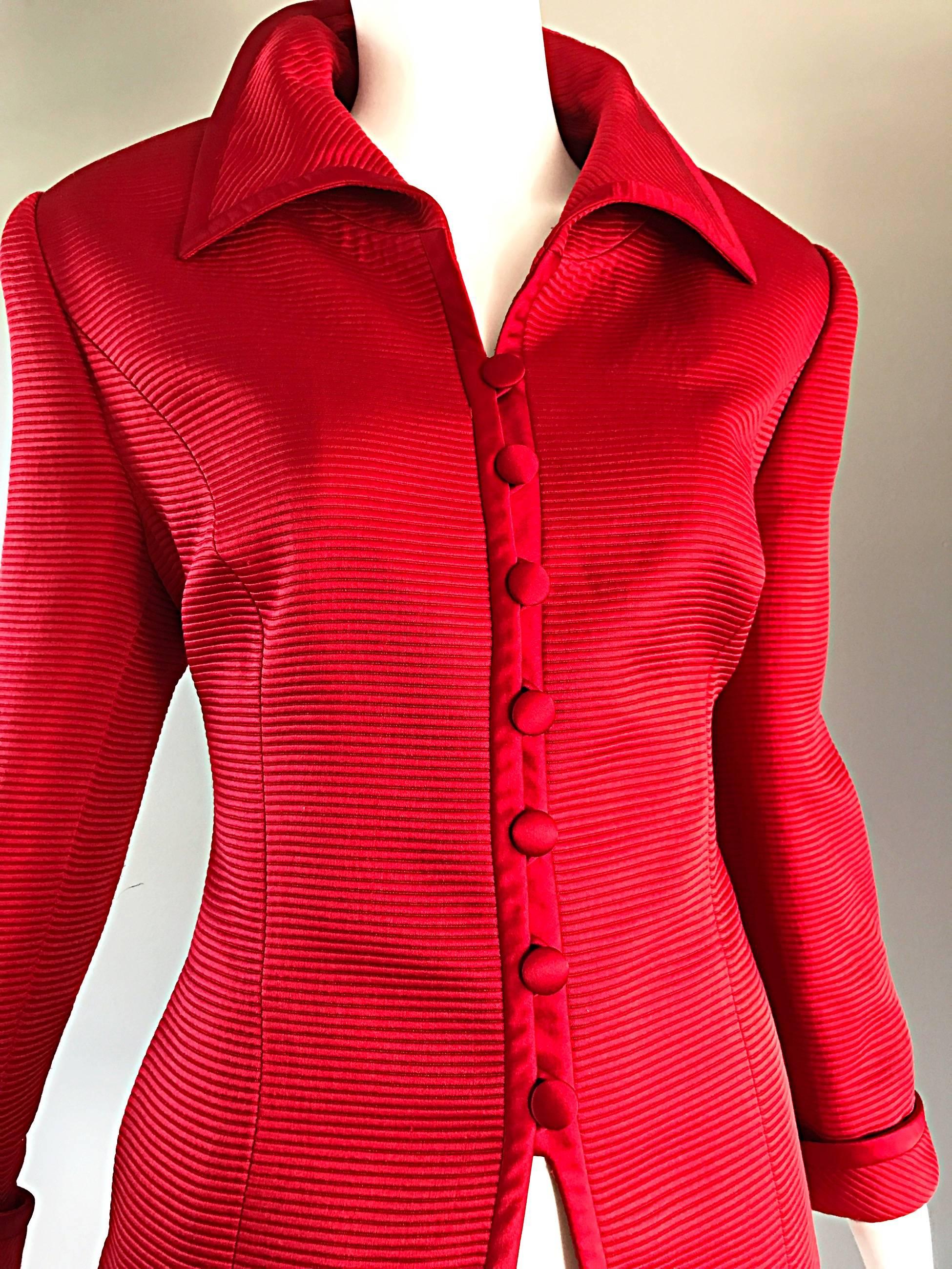 Louis Feraud Size 12 1990s Lipstick Red Vintage Silk + Wool Ribbed Blazer Jacket In Excellent Condition In San Diego, CA