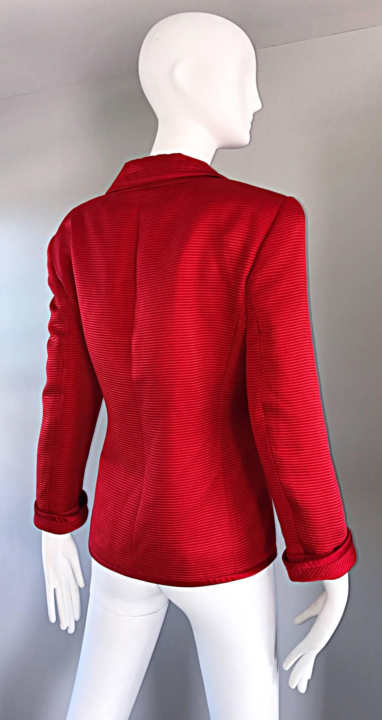 Women's Louis Feraud Size 12 1990s Lipstick Red Vintage Silk + Wool Ribbed Blazer Jacket