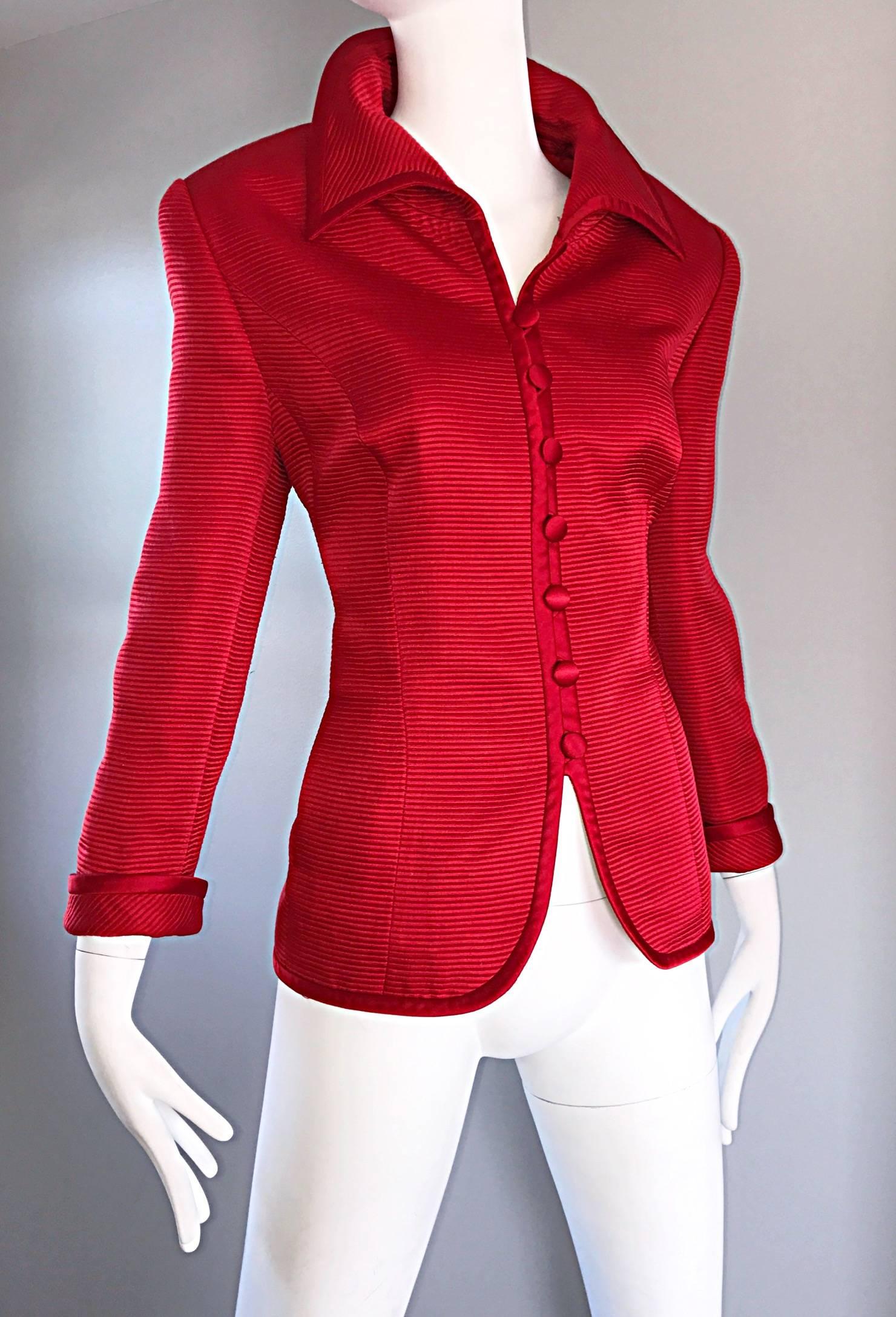 Louis Feraud Size 12 1990s Lipstick Red Vintage Silk + Wool Ribbed Blazer Jacket 1
