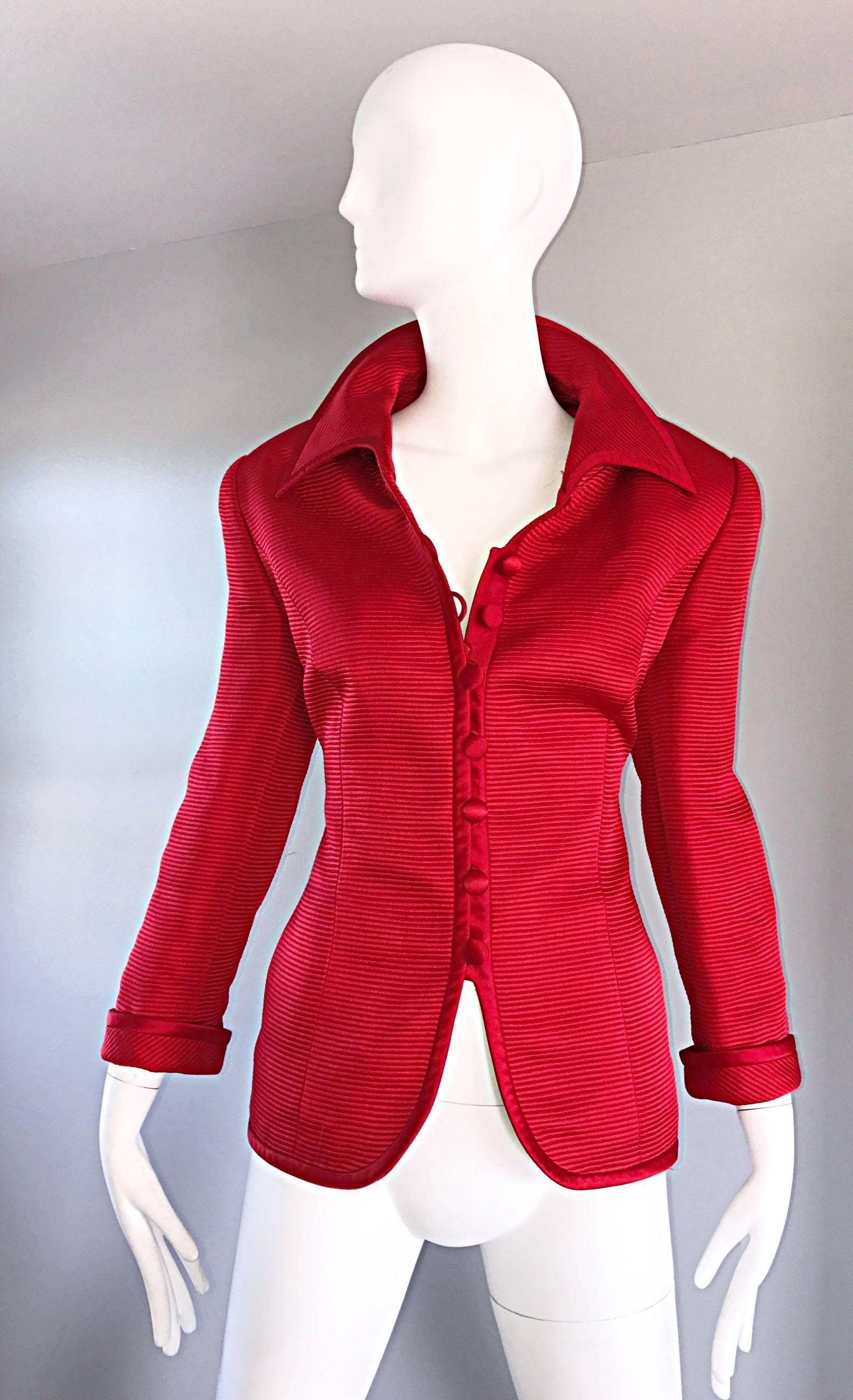 Louis Feraud Size 12 1990s Lipstick Red Vintage Silk + Wool Ribbed Blazer Jacket 2