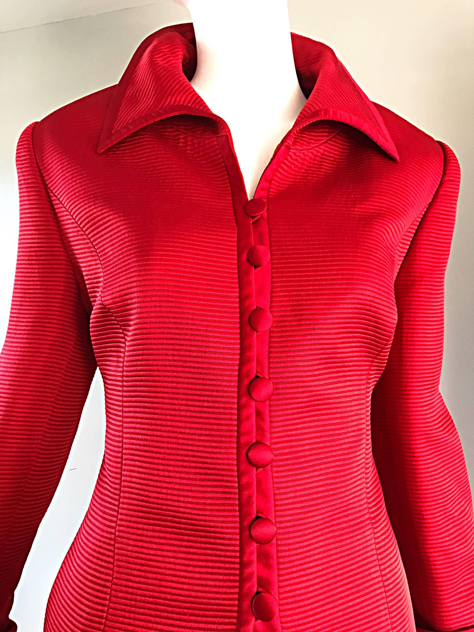 Louis Feraud Size 12 1990s Lipstick Red Vintage Silk + Wool Ribbed Blazer Jacket 3