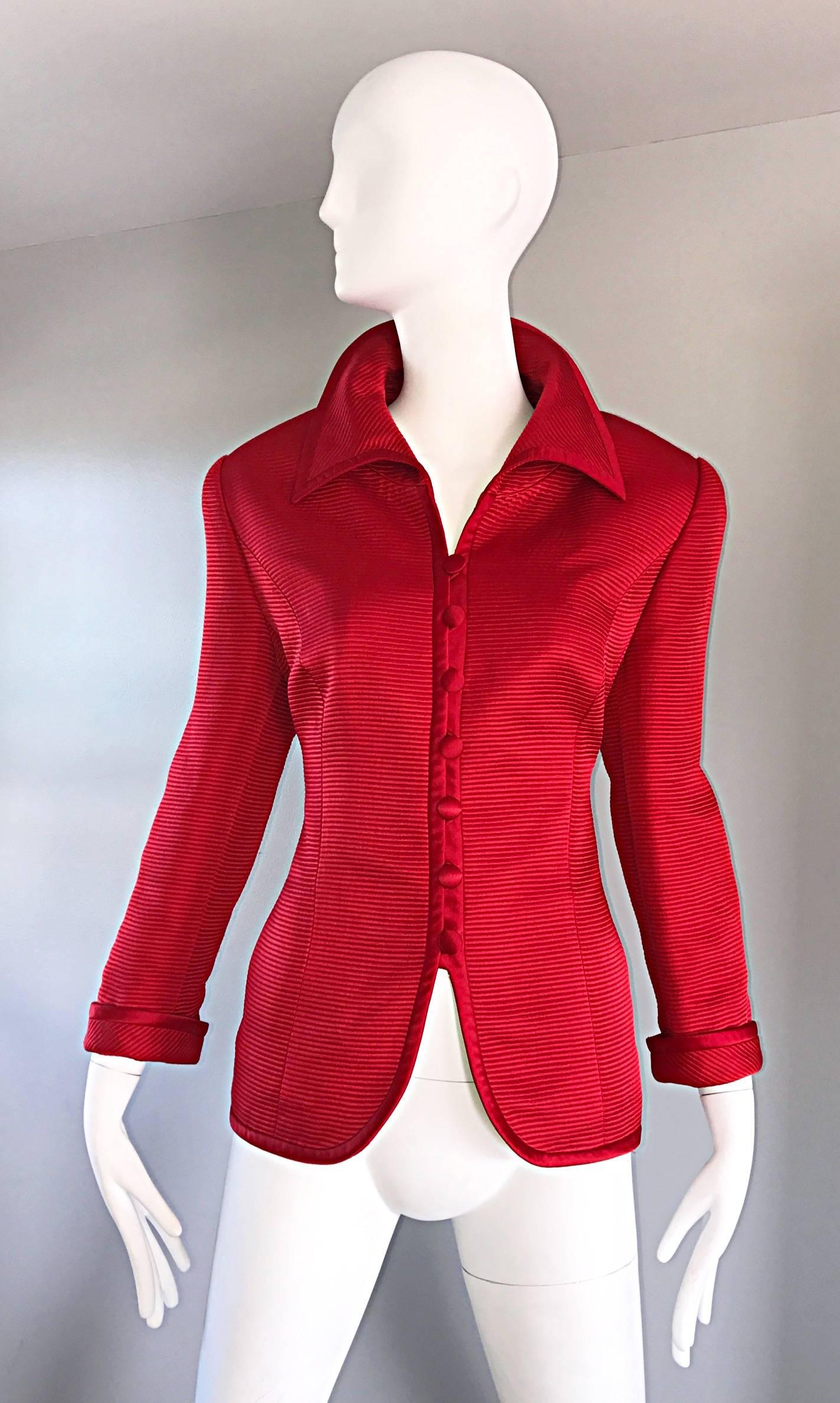 Louis Feraud Size 12 1990s Lipstick Red Vintage Silk + Wool Ribbed Blazer Jacket 4