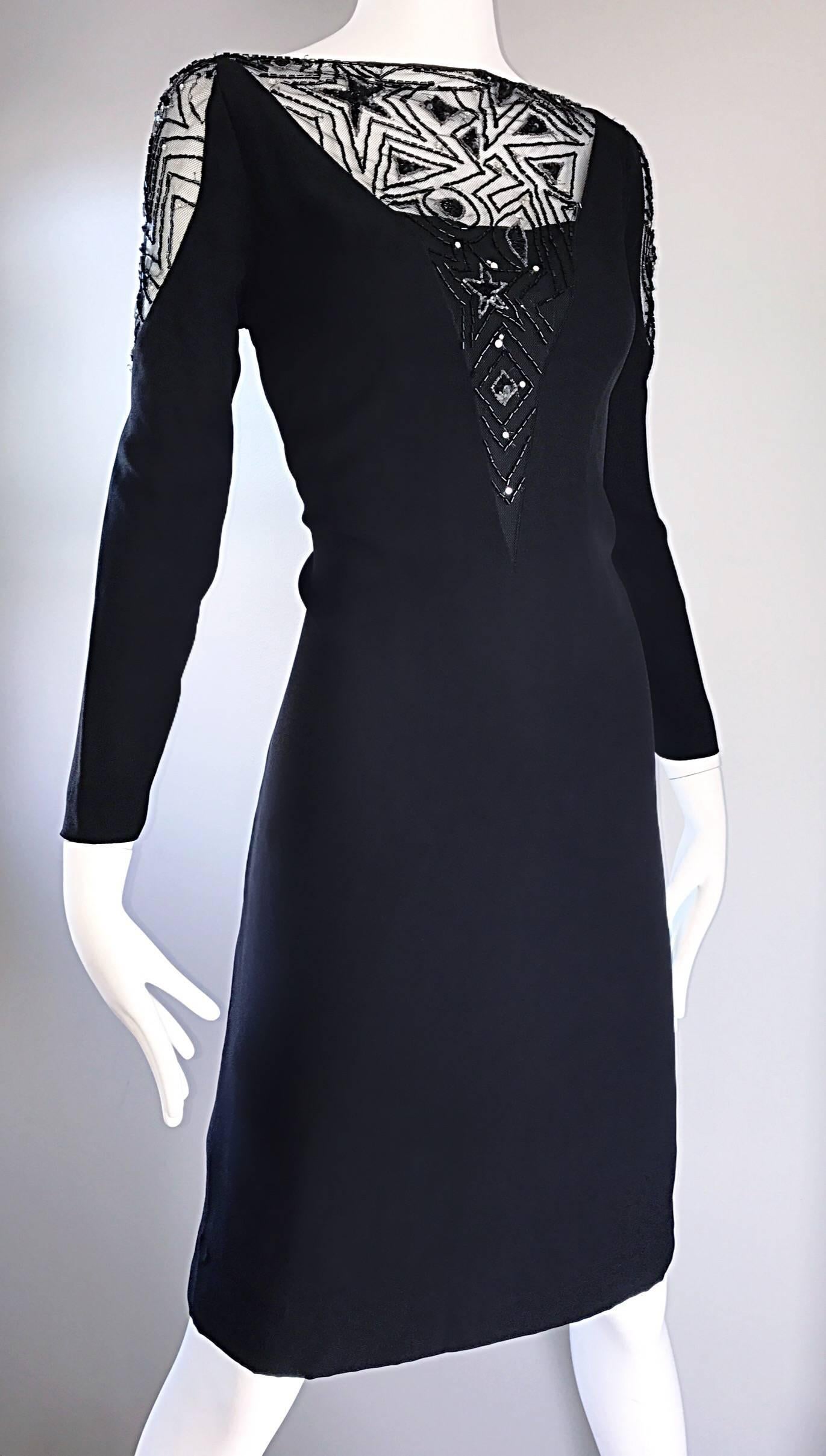 Vintage Bob Mackie Kleines schwarzes Vintage-Kleid mit Pailletten und Perlen, nudefarben, Vintage, Größe 12 (Schwarz) im Angebot