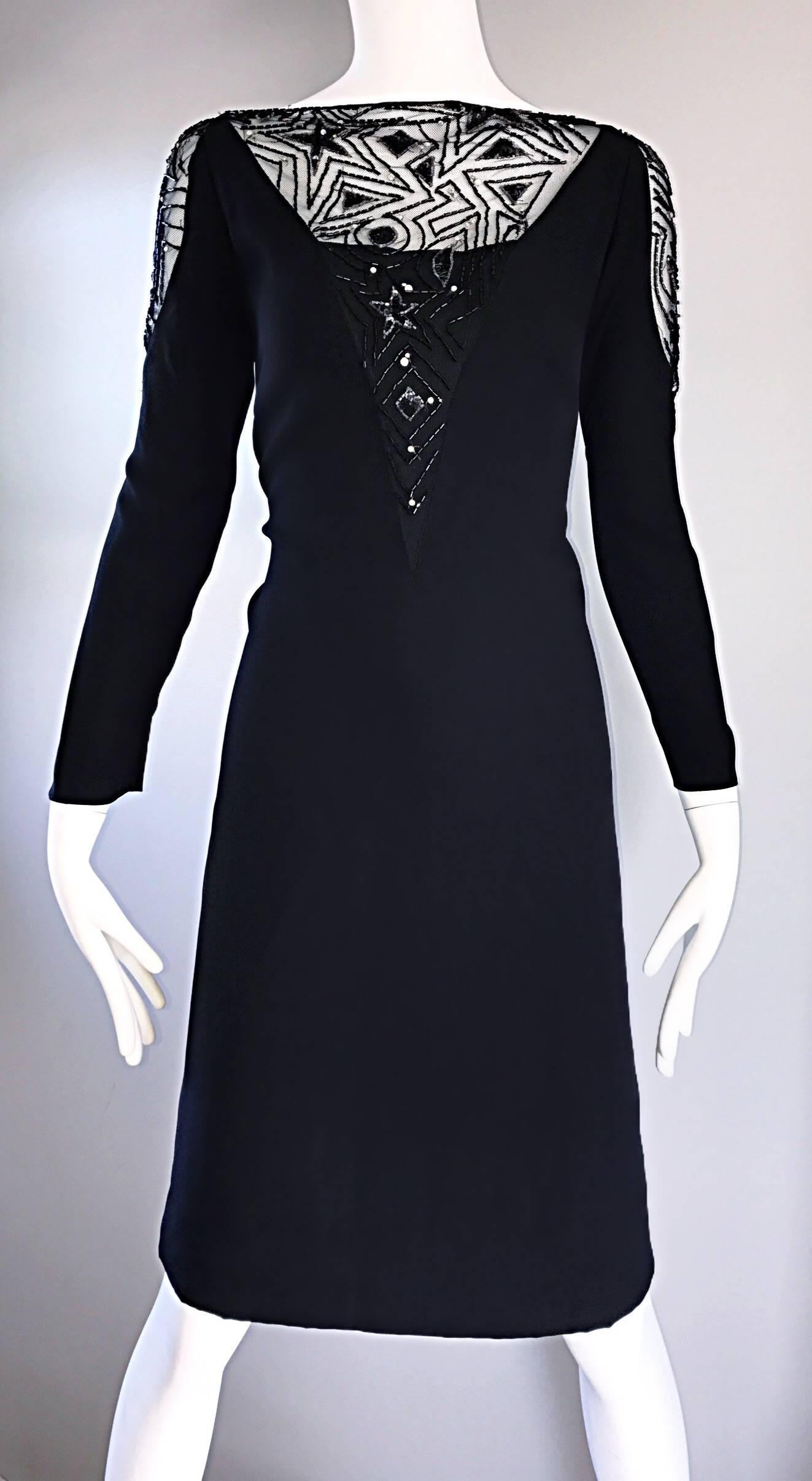 Vintage Bob Mackie Kleines schwarzes Vintage-Kleid mit Pailletten und Perlen, nudefarben, Vintage, Größe 12 im Angebot 1