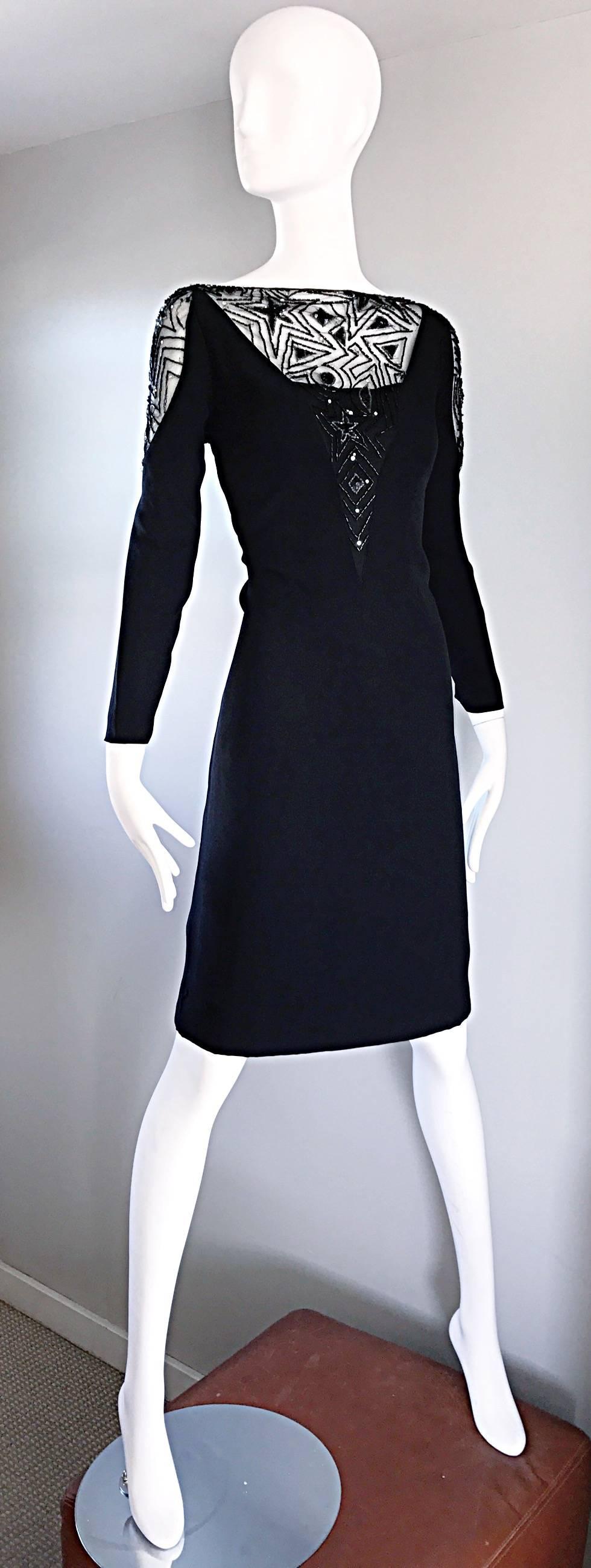 Women's Vintage Bob Mackie Size 10 / 12 Black Illusion Sequin Beaded Little Black Dress For Sale