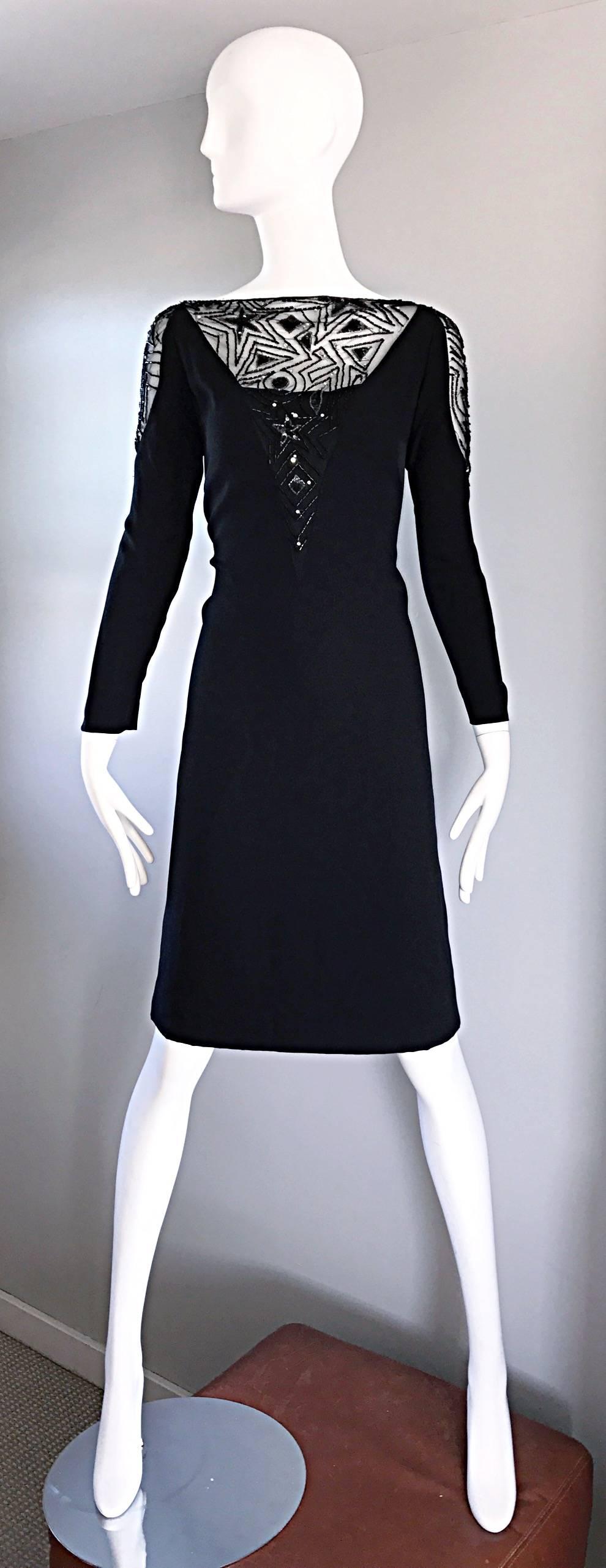 Vintage Bob Mackie Size 10 / 12 Black Illusion Sequin Beaded Little Black Dress For Sale 2