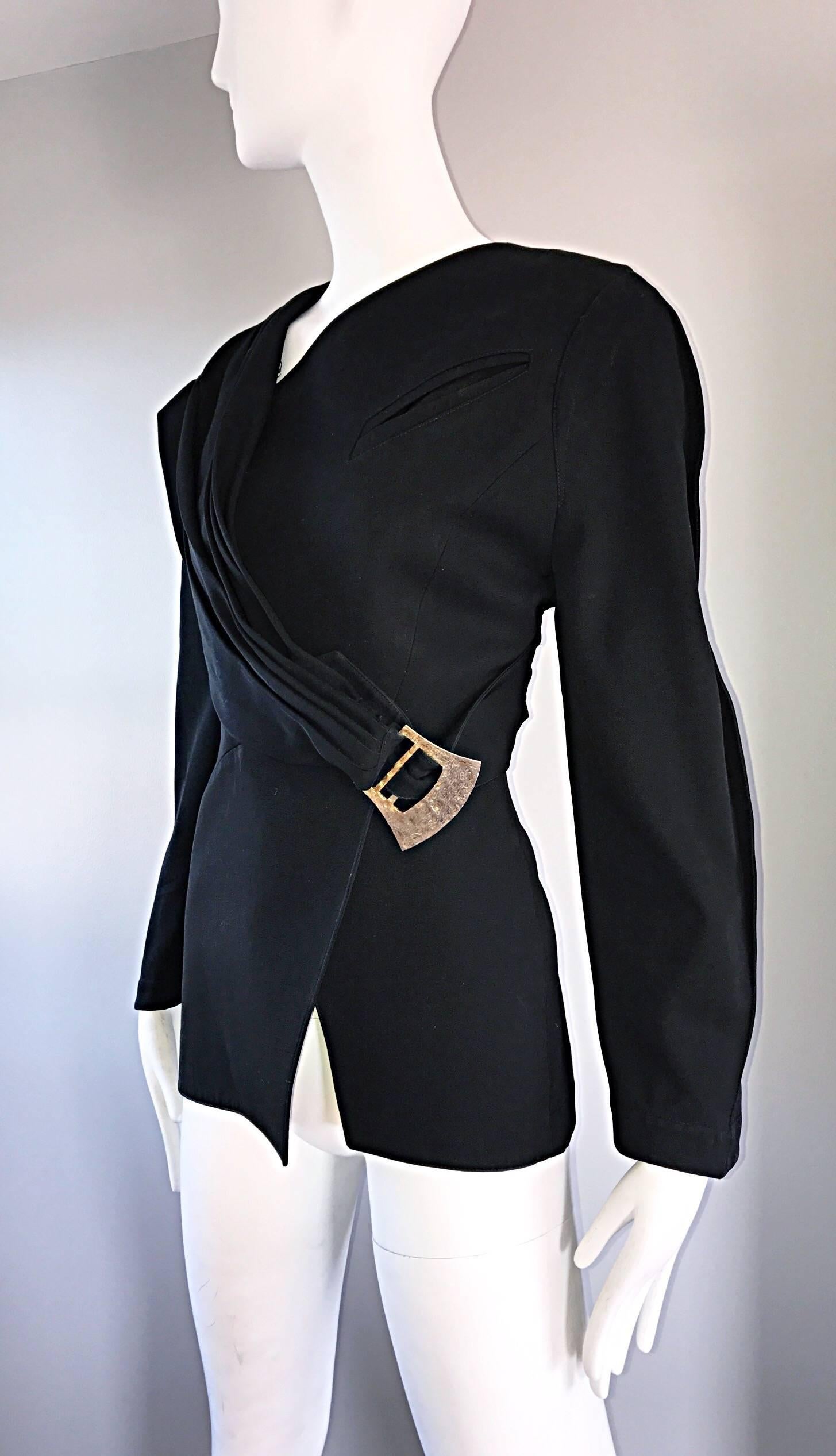 Women's Vintage Thierry Mugler Black Avant Garde 1980s Asymmetrical Sash 80s Jacket 