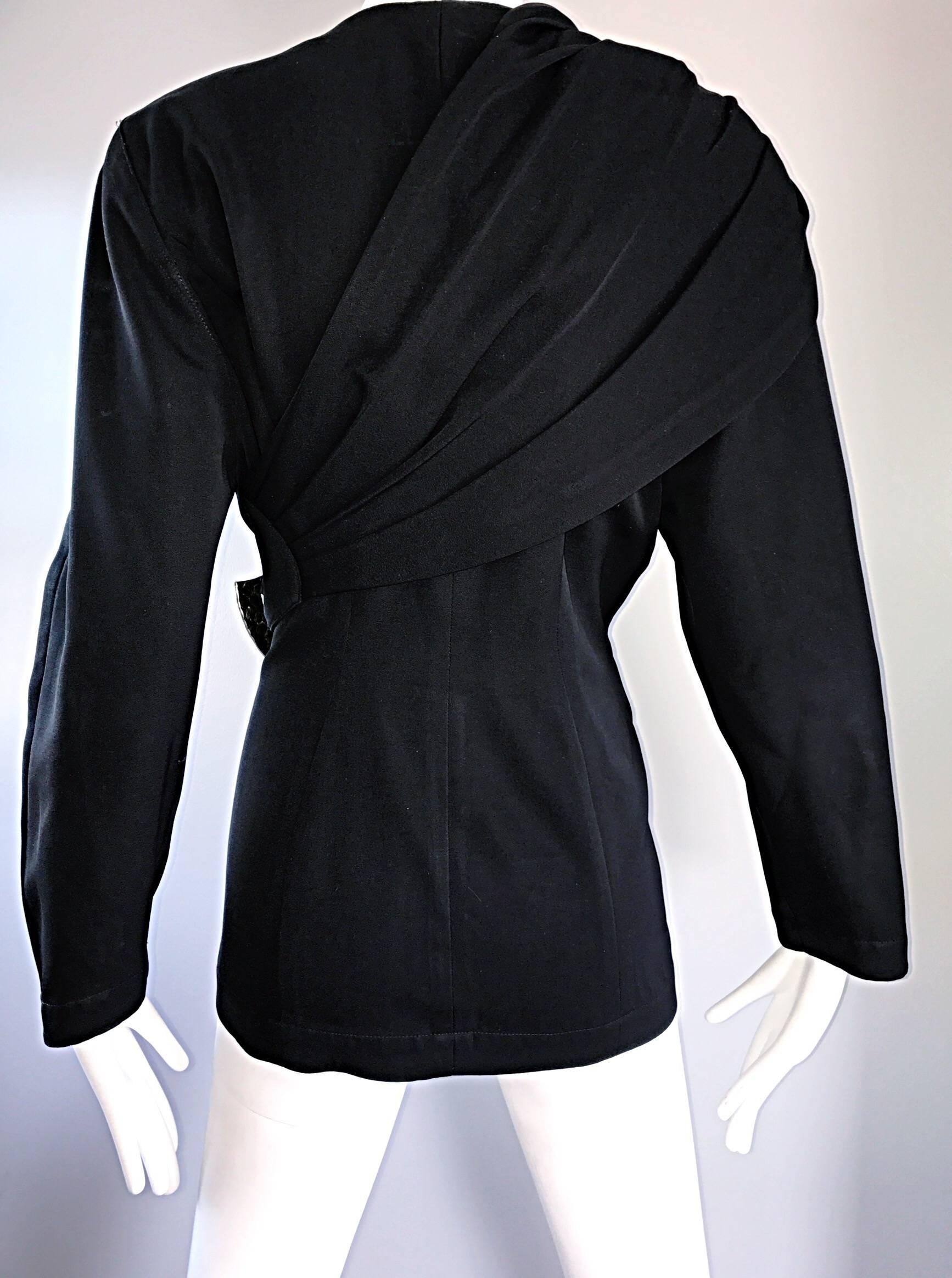 Vintage Thierry Mugler Black Avant Garde 1980s Asymmetrical Sash 80s Jacket  1