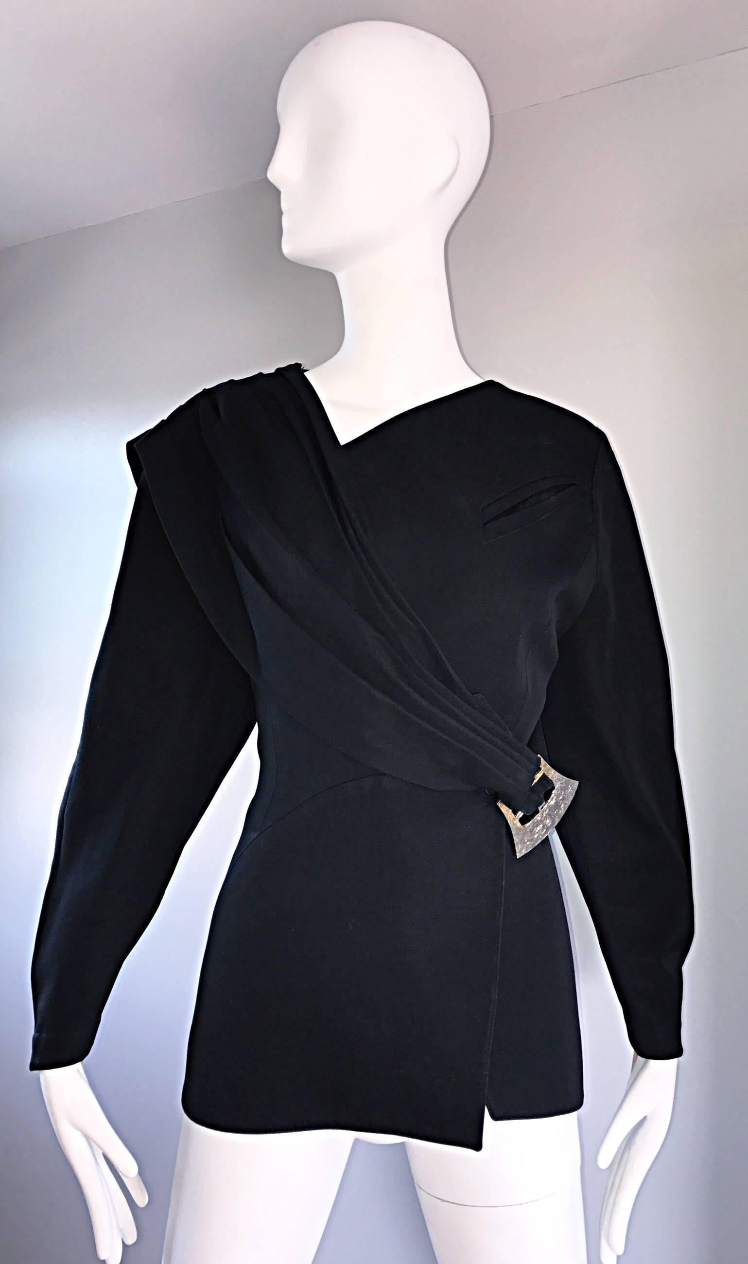 Vintage Thierry Mugler Black Avant Garde 1980s Asymmetrical Sash 80s Jacket  2