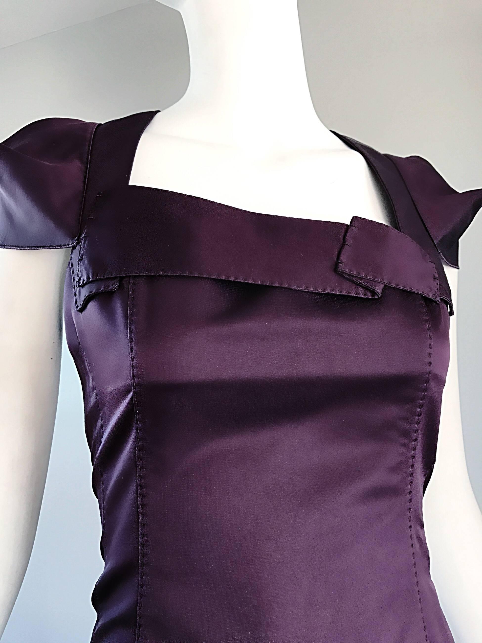 Black 6267 Purple Aubergine Silk and Cotton Cap Sleeve Futuristic Stretch Runway Dress For Sale